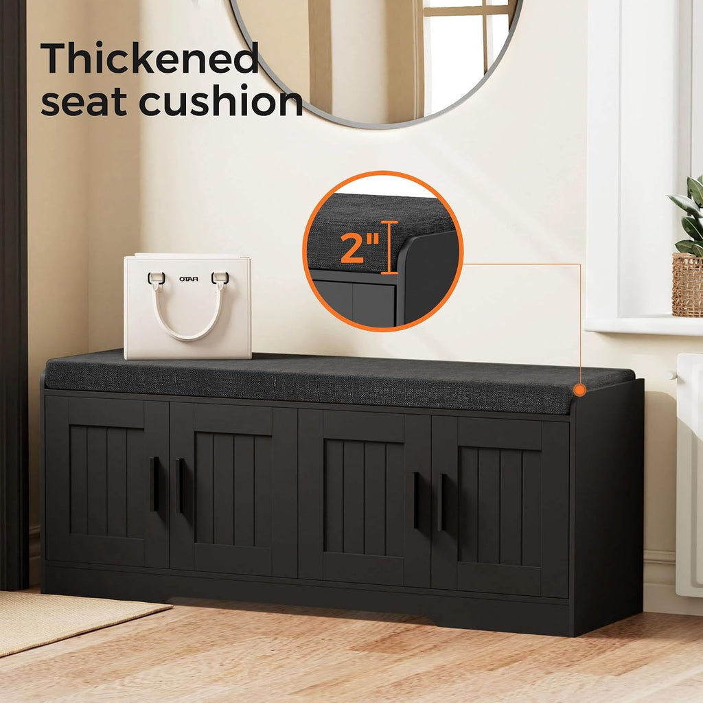 Homleke 2-Tier Storage Bench, Shoe Bench with Thickened Padded Seat Cushion, Entryway Bench with 4 Doors, Adjustable Shelf, 13.8' D x 45.3' W x 18.5' H, for Entryway, Living Room, Bedroom, Black