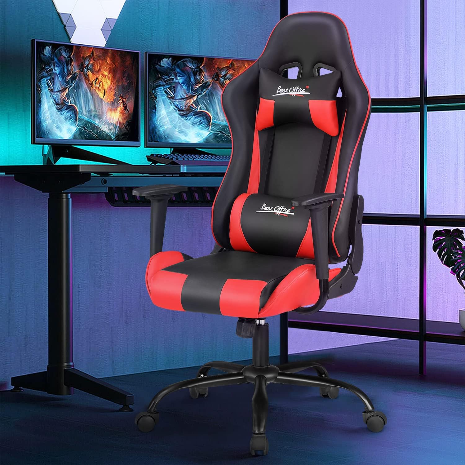 Gaming Chair Office Chair Desk Chair with Lumbar Support Headrest Armrest Task Rolling Swivel Ergonomic E-Sports Adjustable PC Gamer Chair (Red)