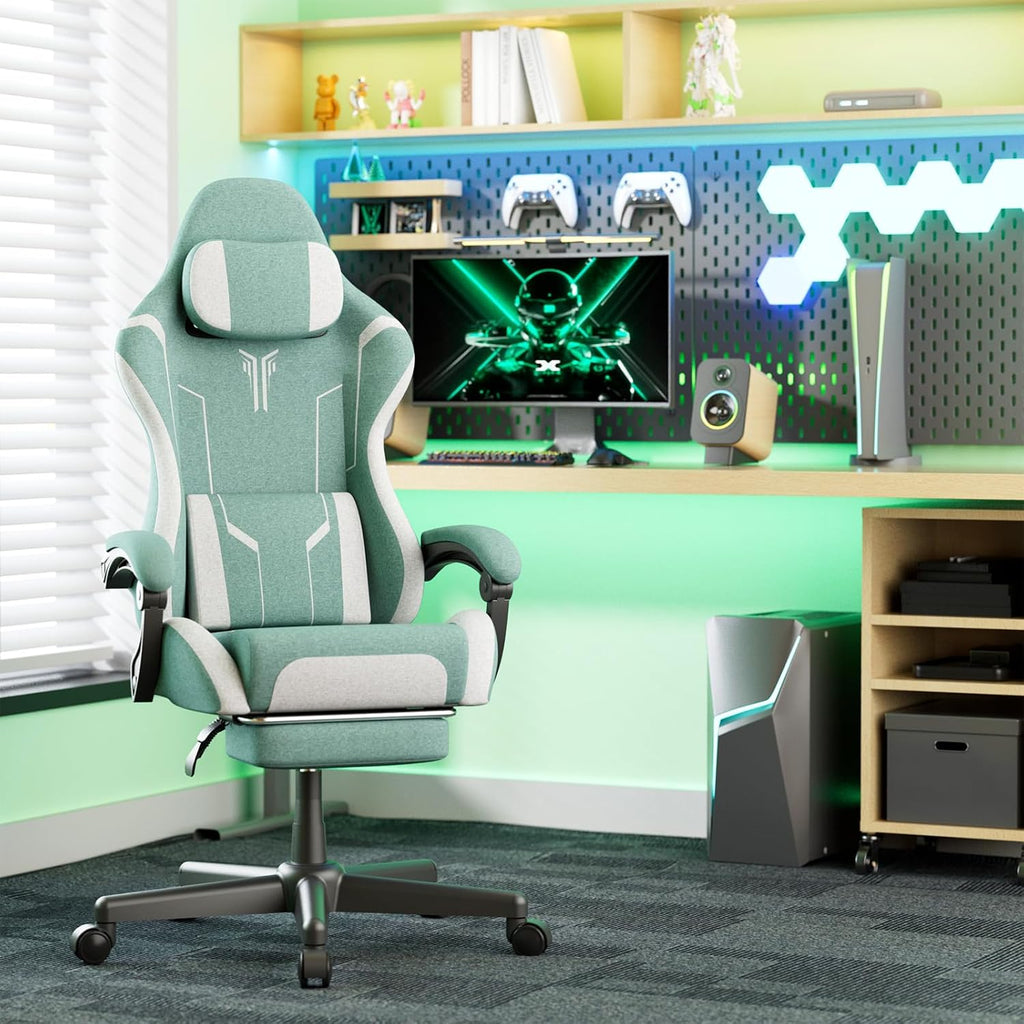 Soontrans Green Gaming Chair, Fabric Ergonomic Computer Chair with Footrest and Linkage Armrest for Adult, High Back Office Game Chair with Massage Lumbar Support