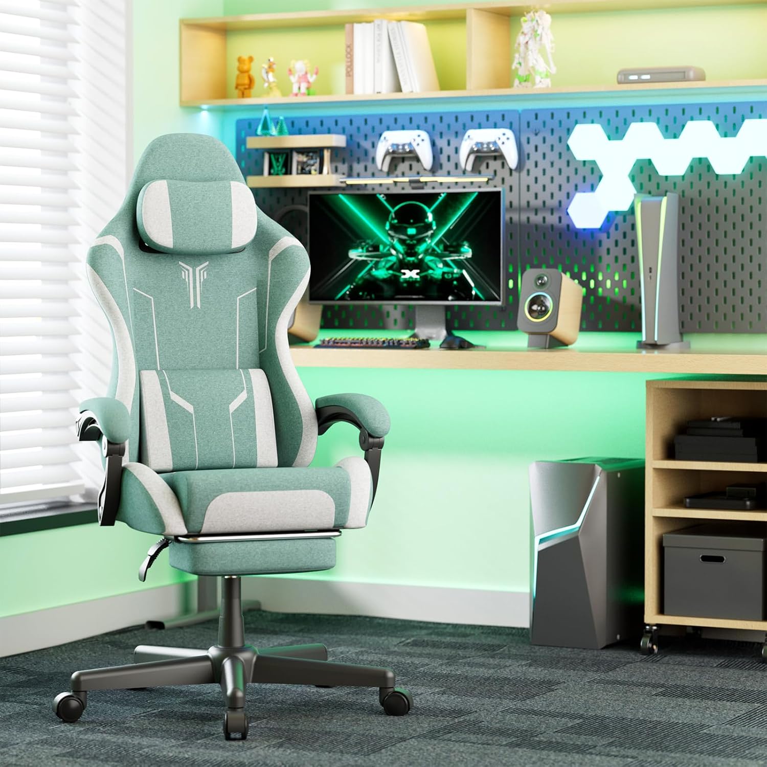 Soontrans Green Gaming Chair, Fabric Ergonomic Computer Chair with Footrest and Linkage Armrest for Adult, High Back Office Game Chair with Massage Lumbar Support