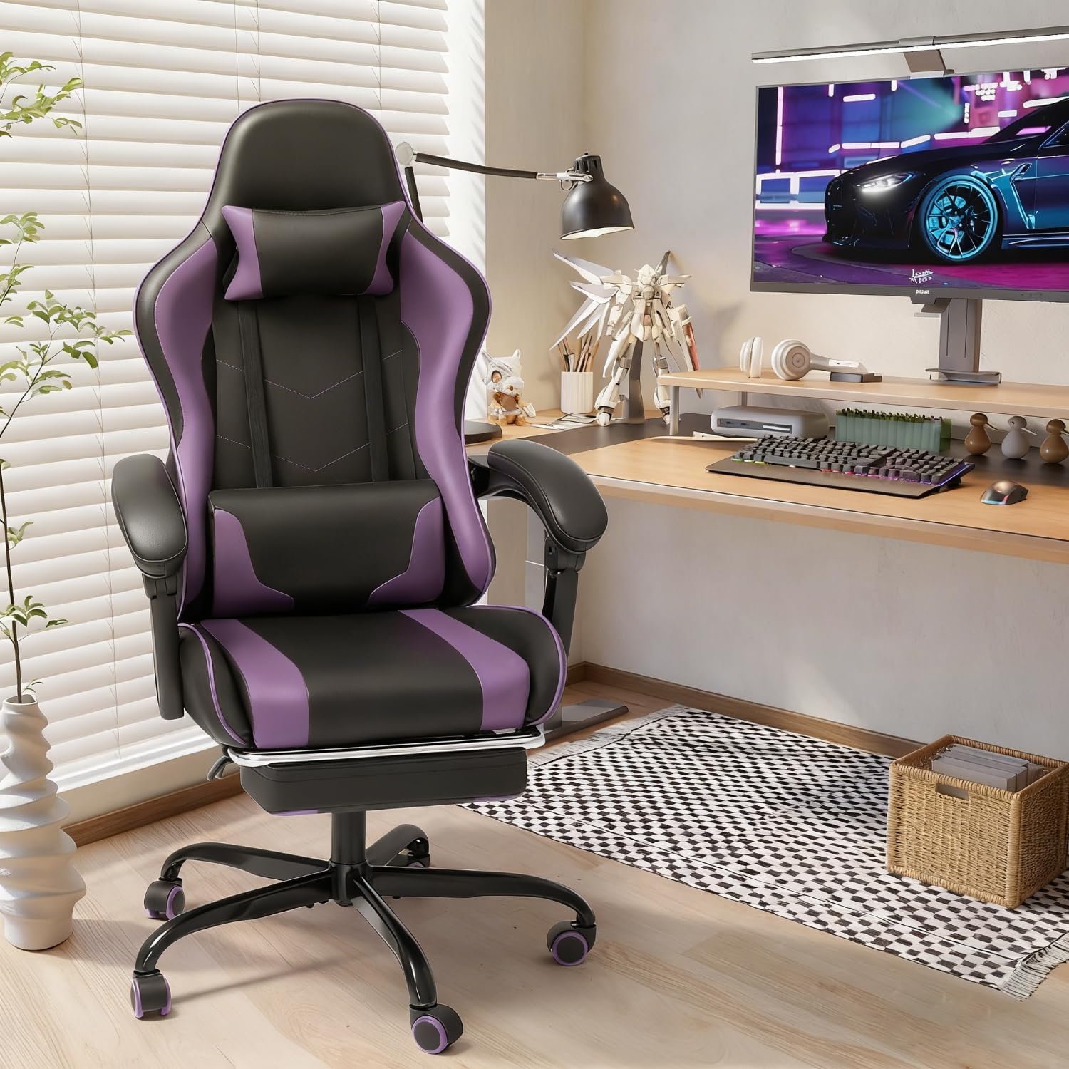 Shahoo Gaming Chair with Footrest and Massage Lumbar Support, Computer Chairs, Video Racing Seat Height Adjustable with 360°Swivel and Headrest for Office or Bedroom, Purple