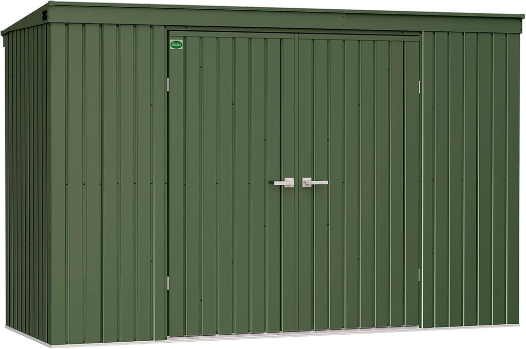 Scotts 10' x 4' Garden Storage Shed Outdoor Lockable Water-Resistant Steel Building with Tool Hanger and Pent Roof, Green