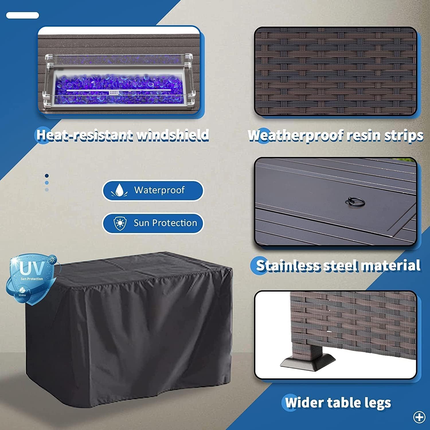 8 Pieces Outdoor Patio Furniture Sets w/55000 BTU Propane Fire Pit Table,Wicker Conversation Sofa,Includes 6 All-Weather High Back PE Rattan Seating Components w/Coffee Table&Gas Fire Pit,Navy