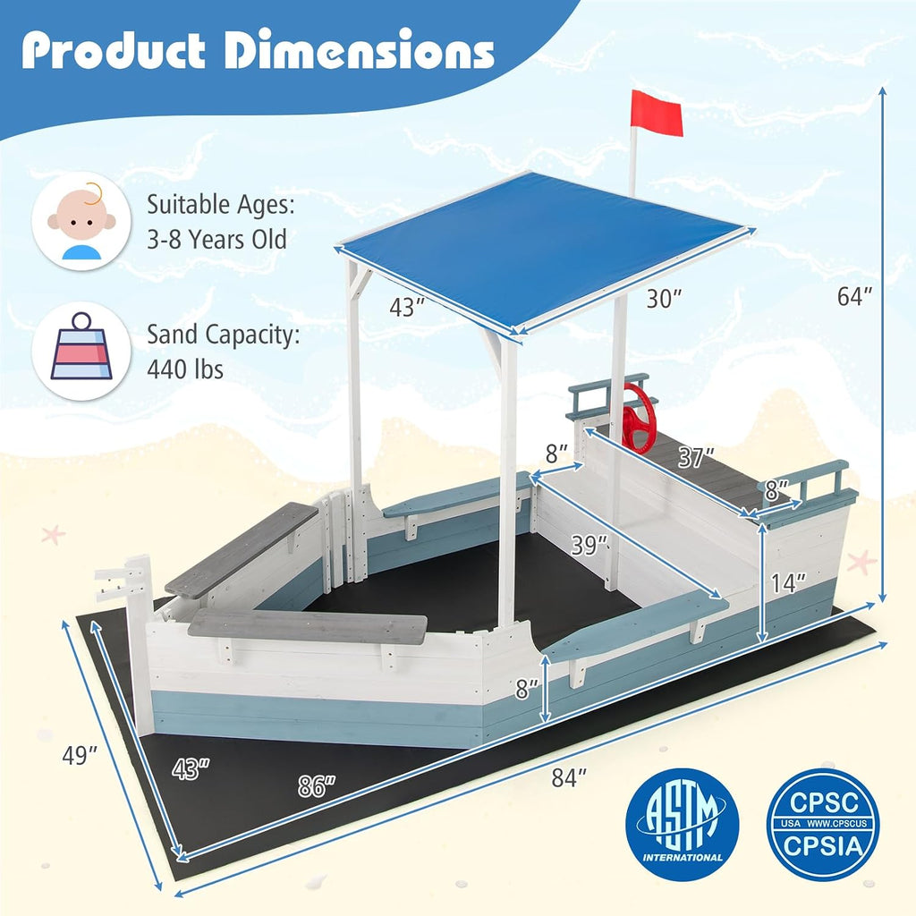 Costzon Pirate Ship Sandbox with Canopy, Fir Wood Boat Sand Box w/Flag, Rudder, Bench Seats and Storage Compartments for Backyard Beach, Outdoor Sand Pit for Kids 3-8 Years Old