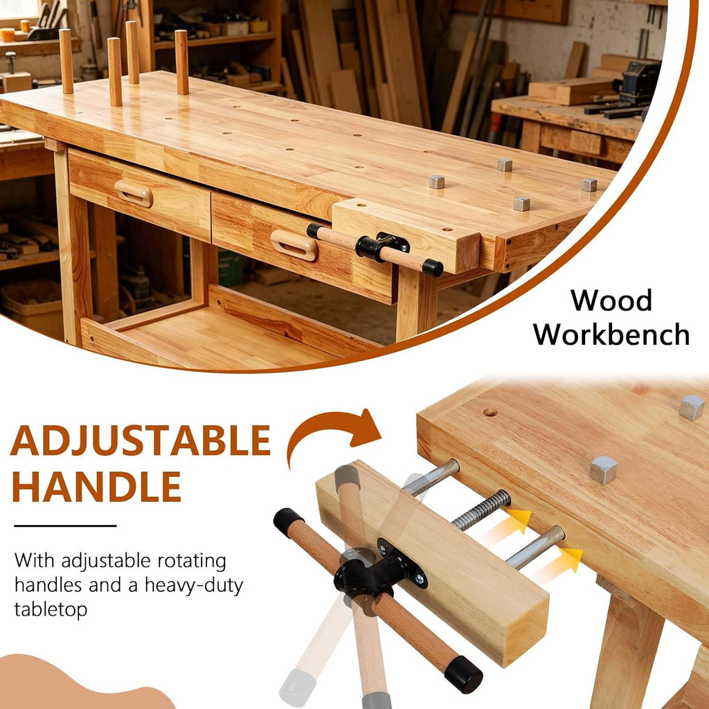 60' Rubber Wood Workbench, Heavy Duty Work Bench with Drawer & Shelf, Work Bench Table for Garage, Workshop, Home Storage, Woodworking Bench, 330 lbs Weight Capacity (60' + 2 Drawers)