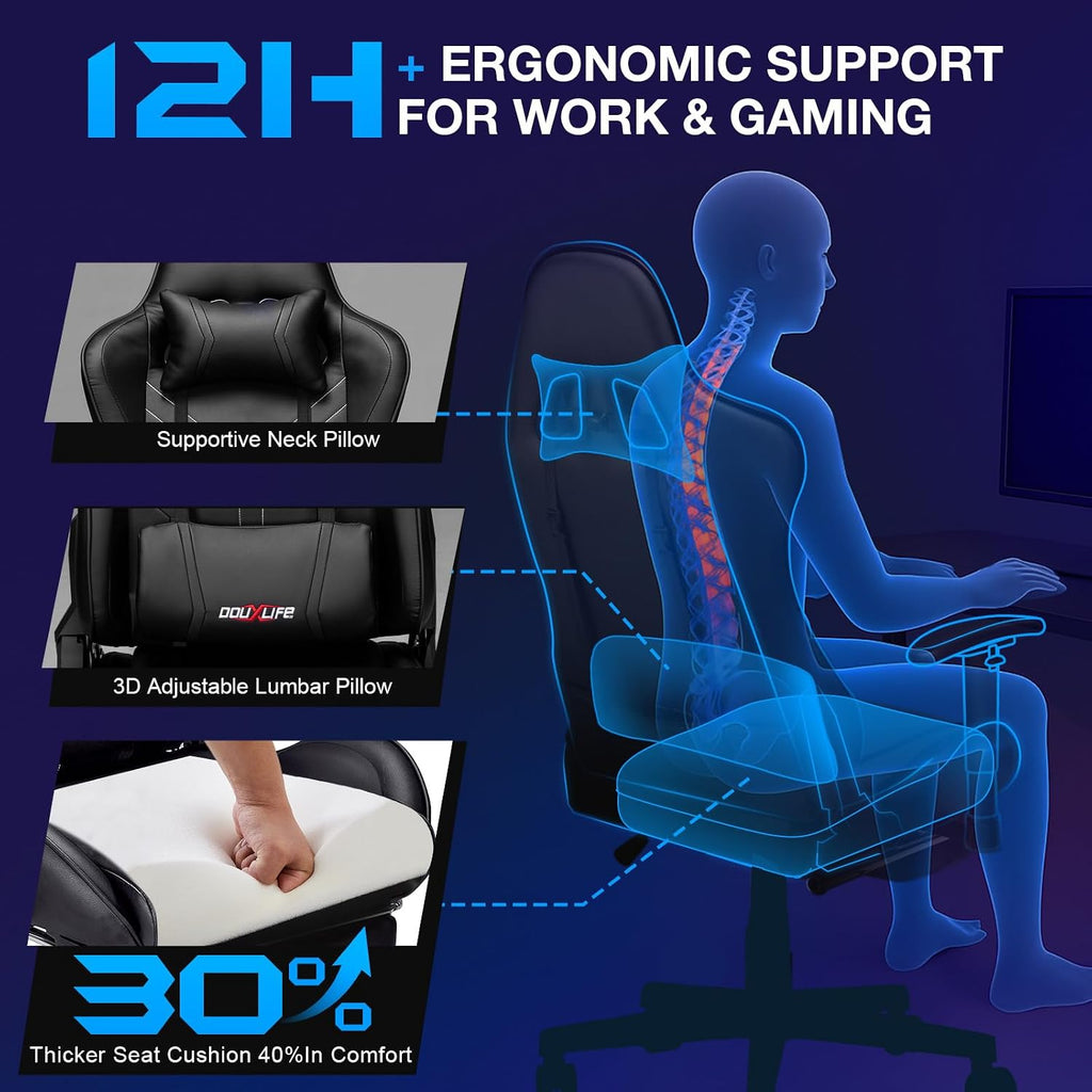 Douxlife 7-Point Massage Gaming Chair with Footrest, 400lbs Heavy Duty Ergonomic Computer Chair, 175° Reclining High Back Racing Seat for Adults with Adjustable Armrests & Lumbar Support, Black