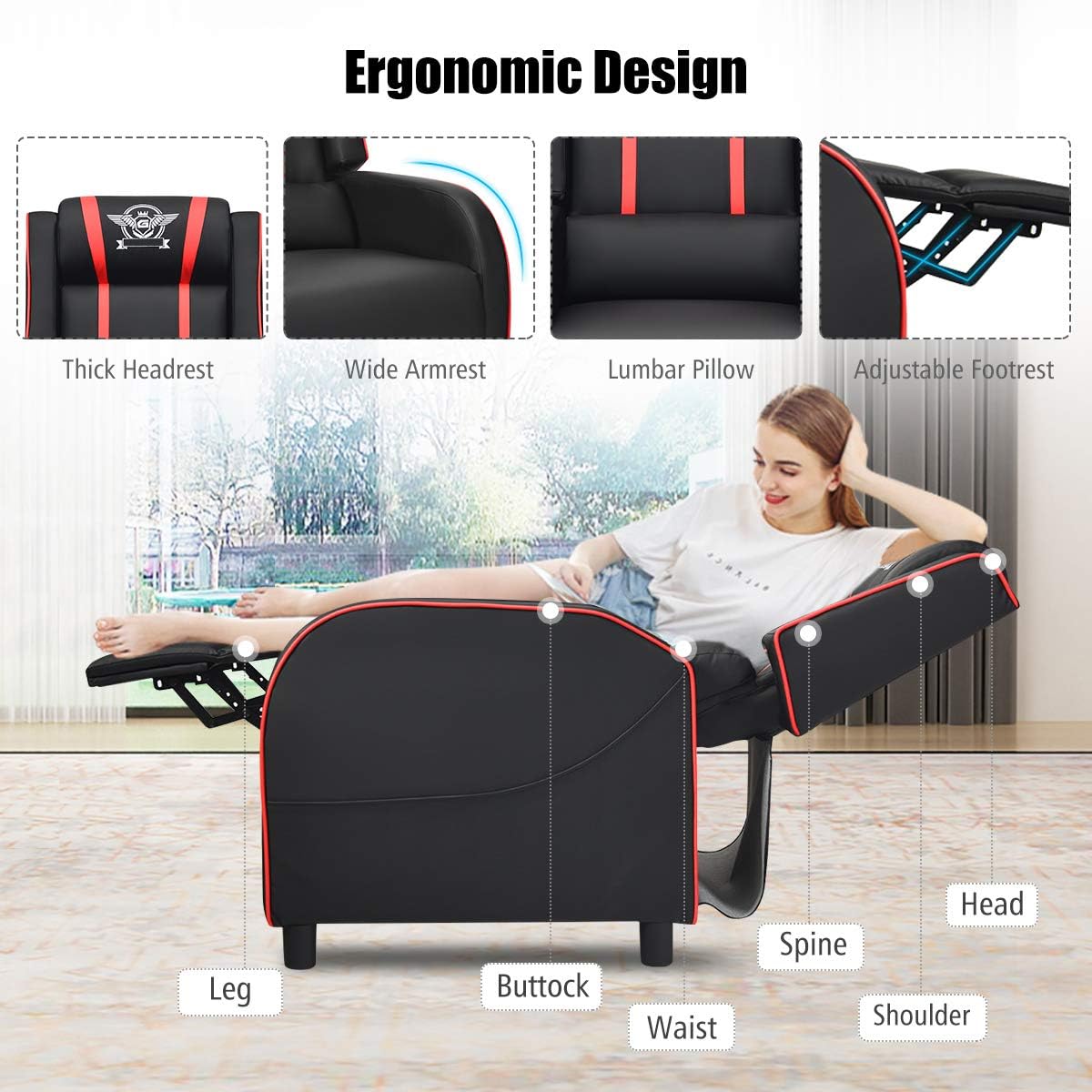 Harmony-Furniture Modern Massage Gaming Recliner Chair, PU Leather Home Theater Recliner Chairs w/Footrest and Massage, Racing Style Sofa Chair for Living Bedroom Gaming Room (Red)