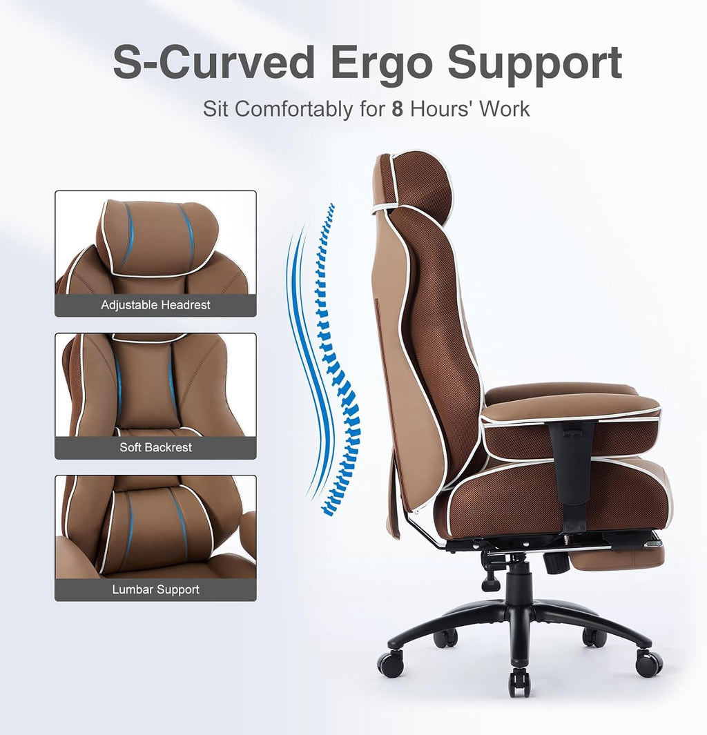 DJ·Wang Big and Tall Office Chair with Foot Rest, High Back Executive Office Chair PU Leather, Ergonomic Chairs with Lumbar Support, 135° Reclining Chairs with Thickened Spring Cushion Brown