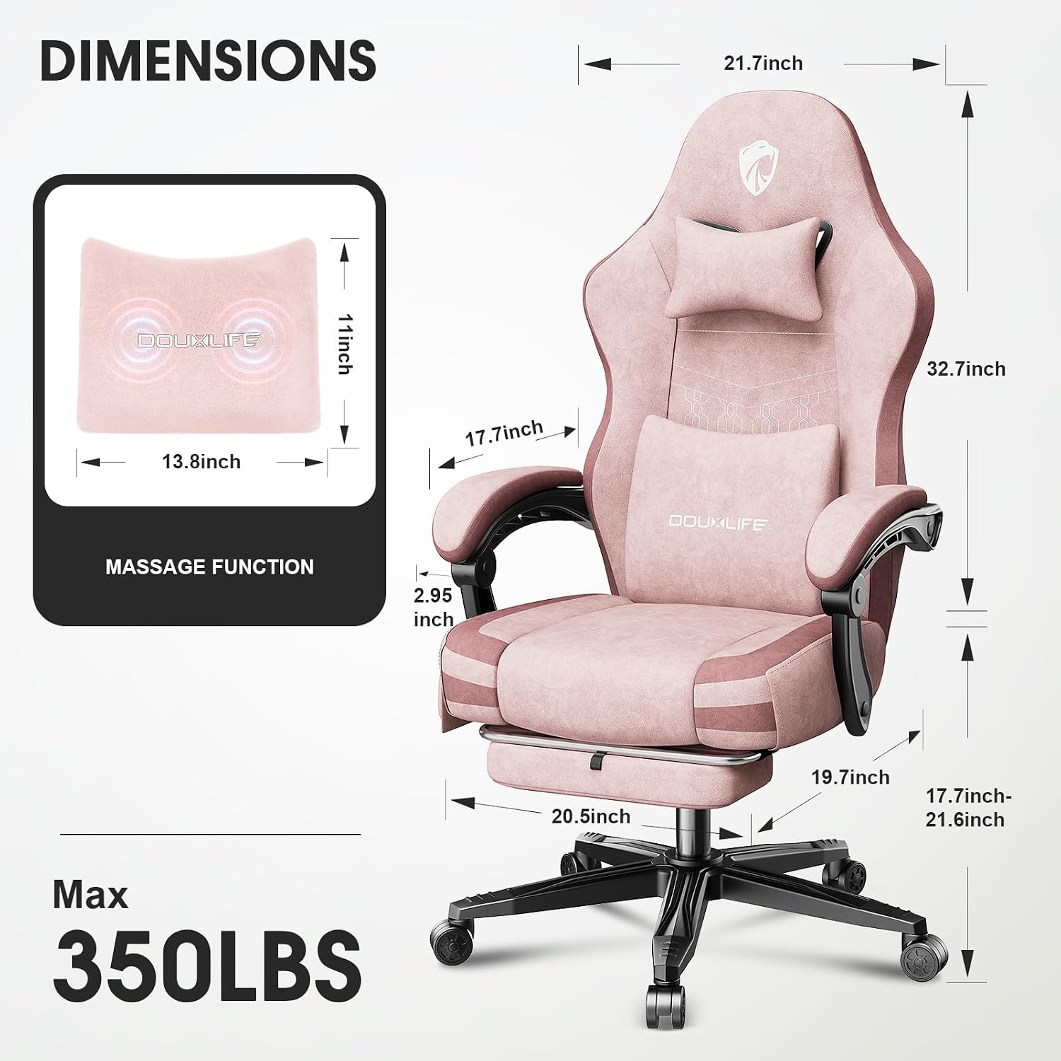 Gaming Chair, Fabric Computer Office Chair with Massage, Ergonomic Chair with Footrest Lumbar Support, Pocket Spring Widened Cushion Metal Legs 350LBS Pink