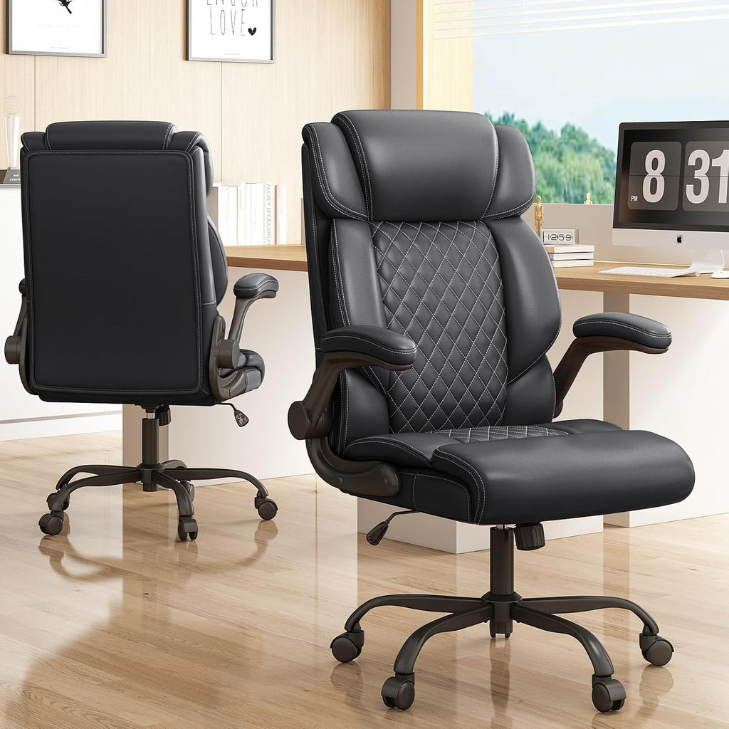Office Chair-Executive High Back Breathable Big and Tall Office Chair Flip-up Armrests Lumbar Support-Ergonomic Leather Rolling Swivel Chair with Rock Function for Working Studying Gaming,Black