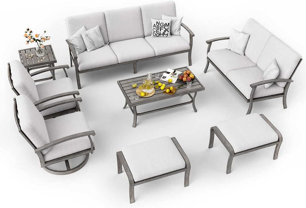 HAPPATIO 8 Piece Aluminum Patio Furniture Set, 3-Seat Outdoor Couch and Loveseat, All-Weather Outdoor Sectional Sofa with Swivel Armchairs, Garden Conversation Set with Tables (Gray)