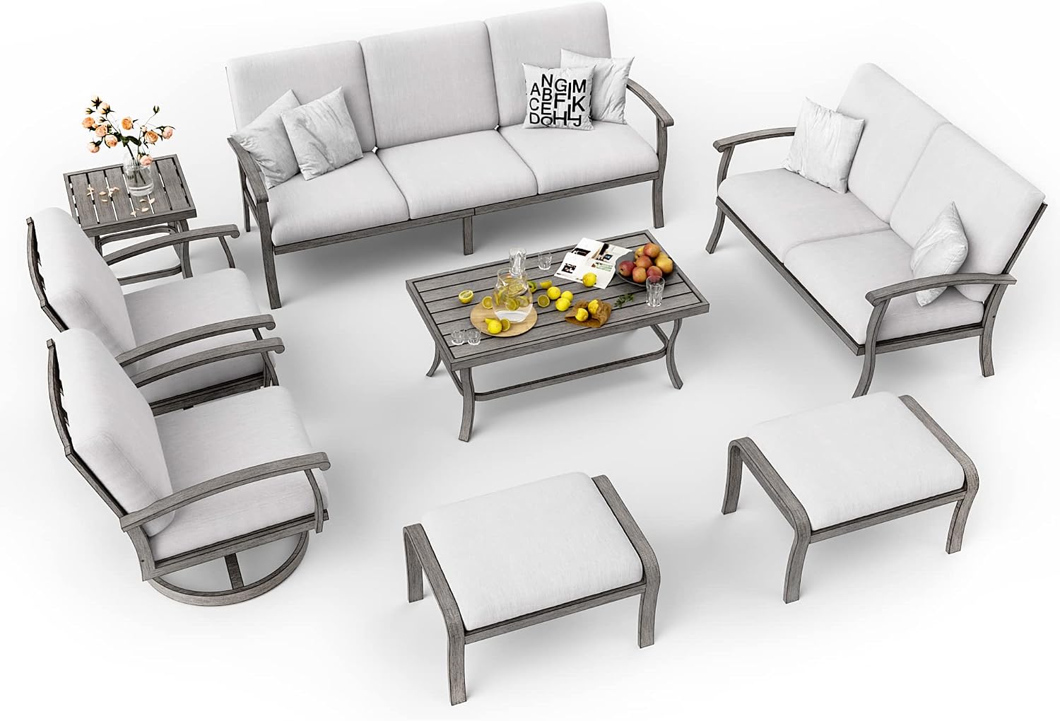 HAPPATIO 8 Piece Aluminum Patio Furniture Set, 3-Seat Outdoor Couch and Loveseat, All-Weather Outdoor Sectional Sofa with Swivel Armchairs, Garden Conversation Set with Tables (Gray)