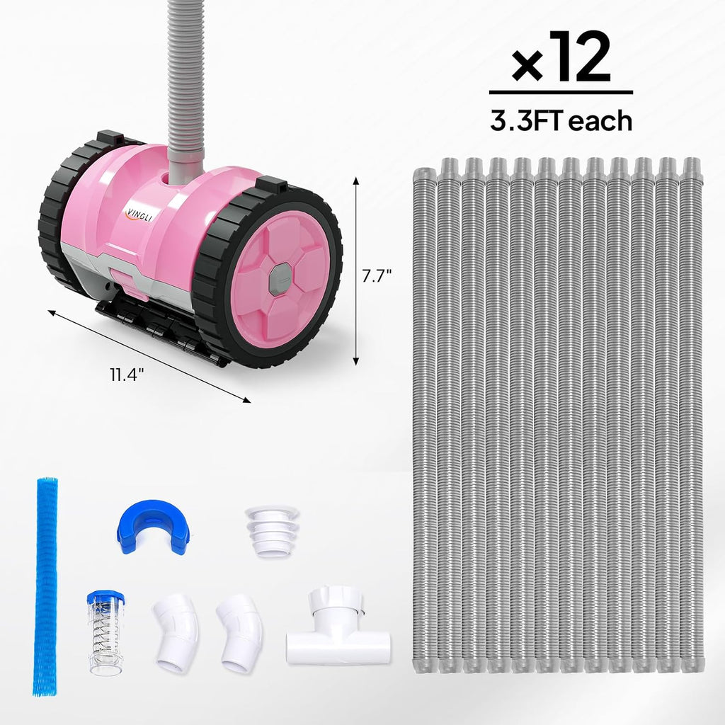 (2025 Upgrade) VINGLI Pool Vacuum Cleaner, Suction Side Wall-Climbing Sweeper for Ground&Inground Pools, Automatic Pool Vacuum with 39.6ft Tangle-Free Hose (Comfort Pink&Gray)