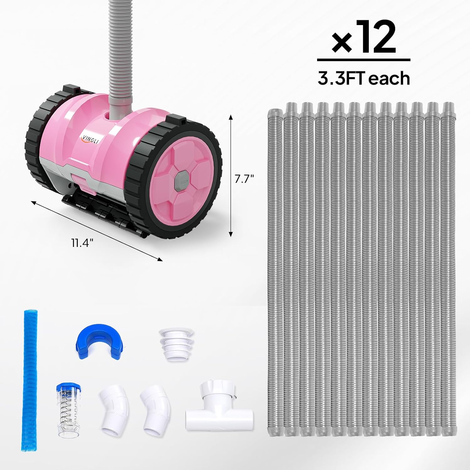 VINGLI Automatic Pool Cleaner for Inground Pools – Suction-Side Pool Vacuum with Powerful Wall-Climbing, 40FT Tangle-Free Hose, Ultra-Quiet Operation – Comfort Pink & Gray
