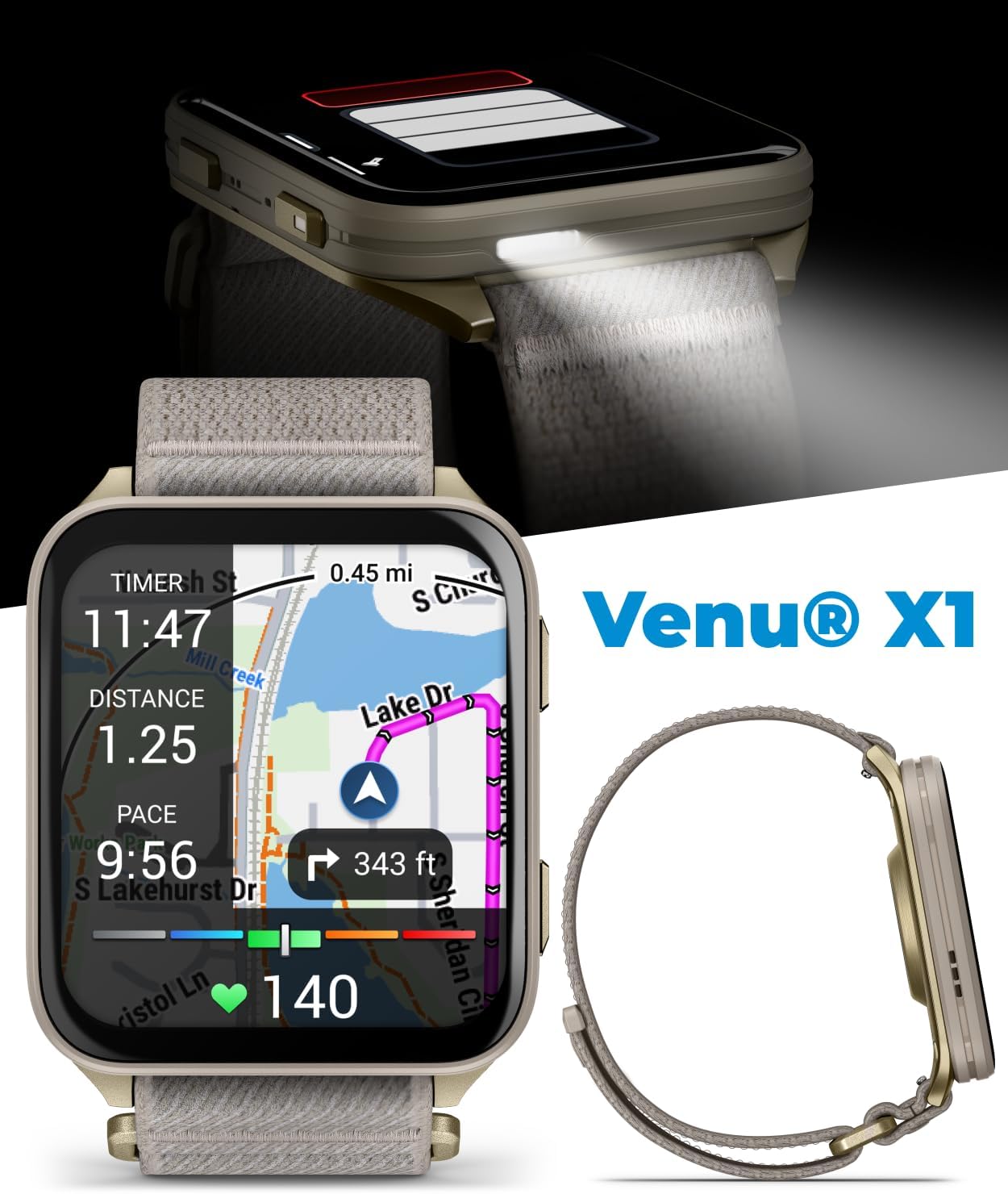 Garmin Venu X1 Thin and Lightweight GPS Smartwatch, AMOLED Display, Advanced Health & Fitness Features, Soft Gold w/Titanium Caseback & French Gray Nylon Band Black Earbuds Bundle