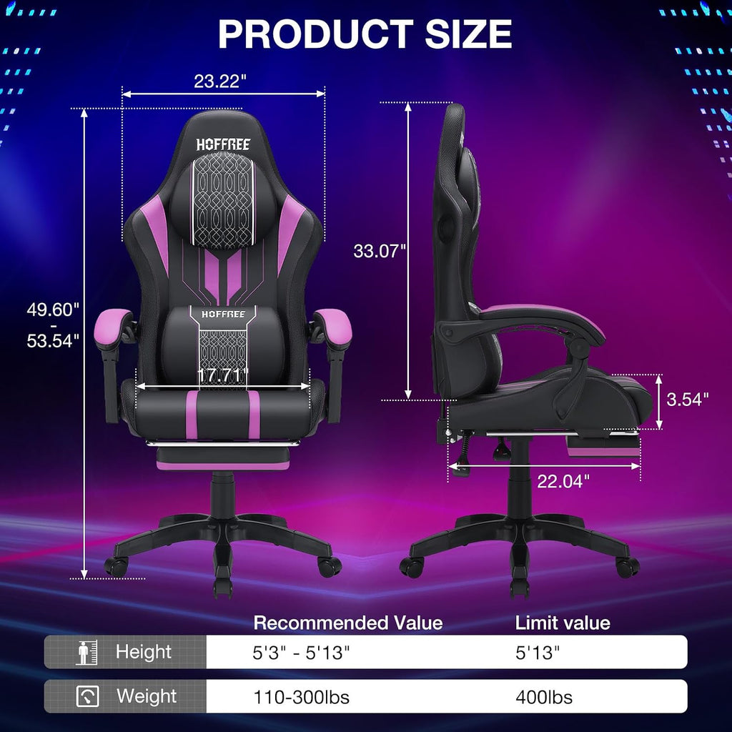 HOFFREE LED Gaming Chair with Speakers and Massage Video Game Chair Big and Tall with Footrest Gamer Chair for 400lbs Computer Desk Chair Purple and Black