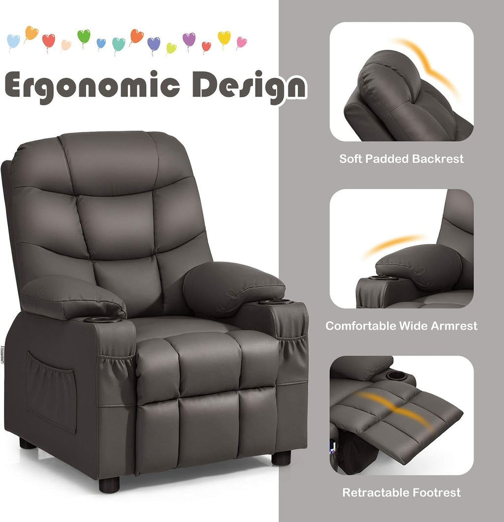 MAT EXPERT Kids Recliner, Leather Adjustable Reading Gaming Chair w/ 2 Cup Holder, 3 Side Pocket Storage & Footrest, Kids Couch Toddler Lounge Chair for Boys Girls, Kids Room Playroom Nursery (Coffee)