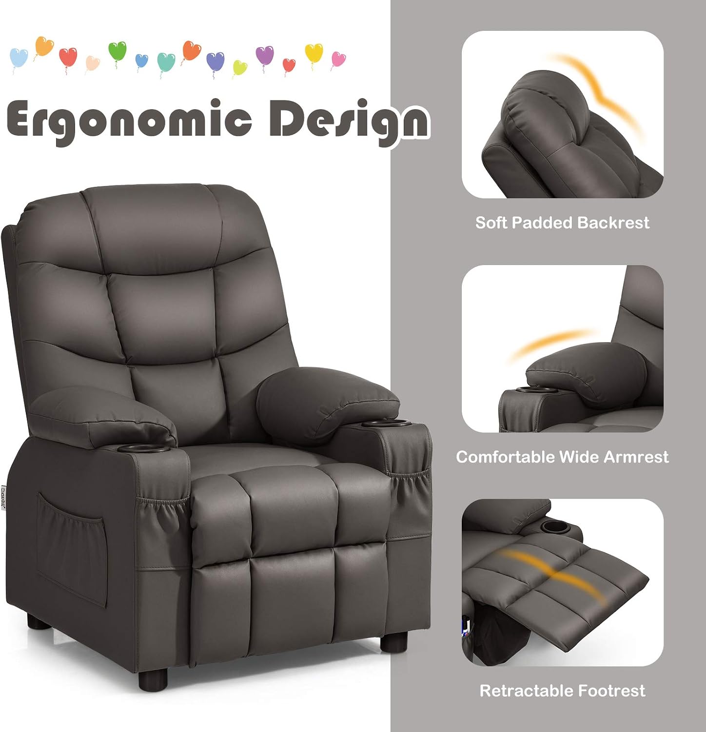 MAT EXPERT Kids Recliner, Leather Adjustable Reading Gaming Chair w/ 2 Cup Holder, 3 Side Pocket Storage & Footrest, Kids Couch Toddler Lounge Chair for Boys Girls, Kids Room Playroom Nursery (Coffee)