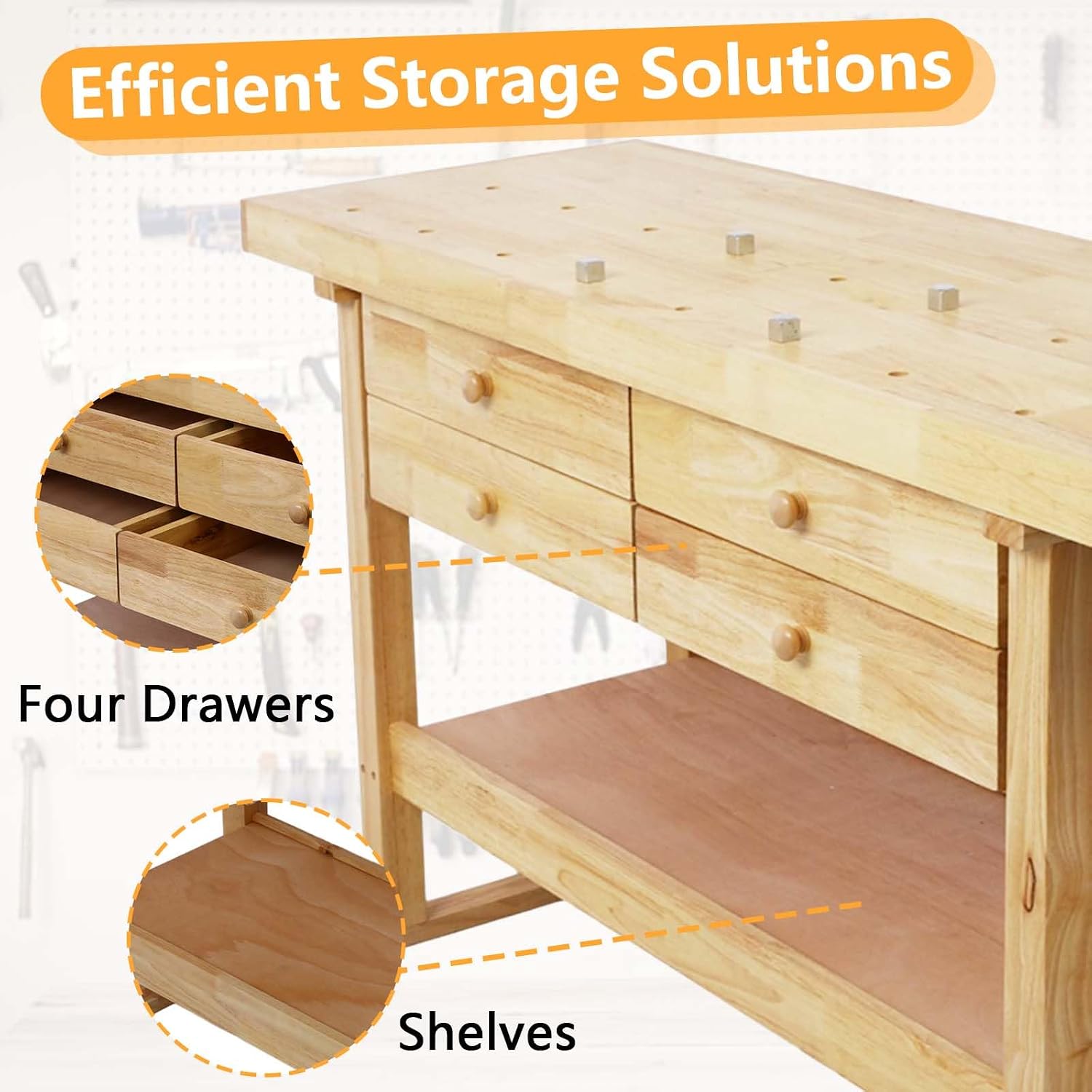 60' Rubber Wood Workbench, Heavy Duty Work Bench with Drawer & Shelf, Work Bench Table for Garage, Workshop, Home Storage, Woodworking Bench, 330 lbs Weight Capacity (60')