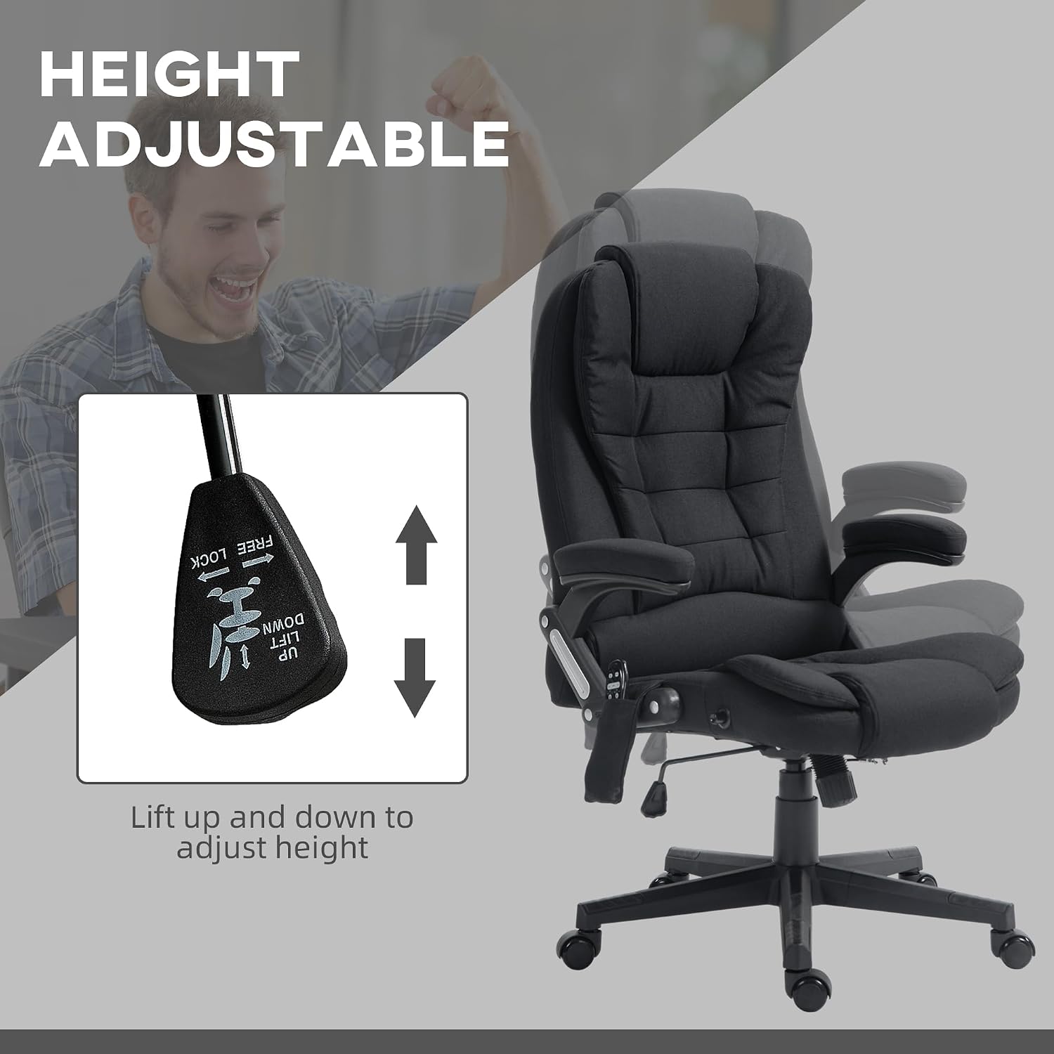 Vinsetto 6 Point Vibrating Massage Office Chair with Heat, Linen High Back Executive Office Chair with Reclining Backrest, Padded Armrests and Remote, Black
