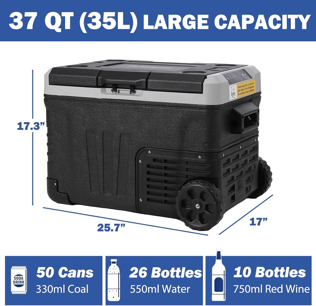 12 Volt Refrigerator, 37QT(35L) 12V Car Refrigerator, Portable Fridge Freezer Electric Cooler Dual Zone 12V/24V DC 110-240V AC, -4℉～68℉, Car Fridge with Wheels Baskets for Car, RV, Boat, Camping, Home