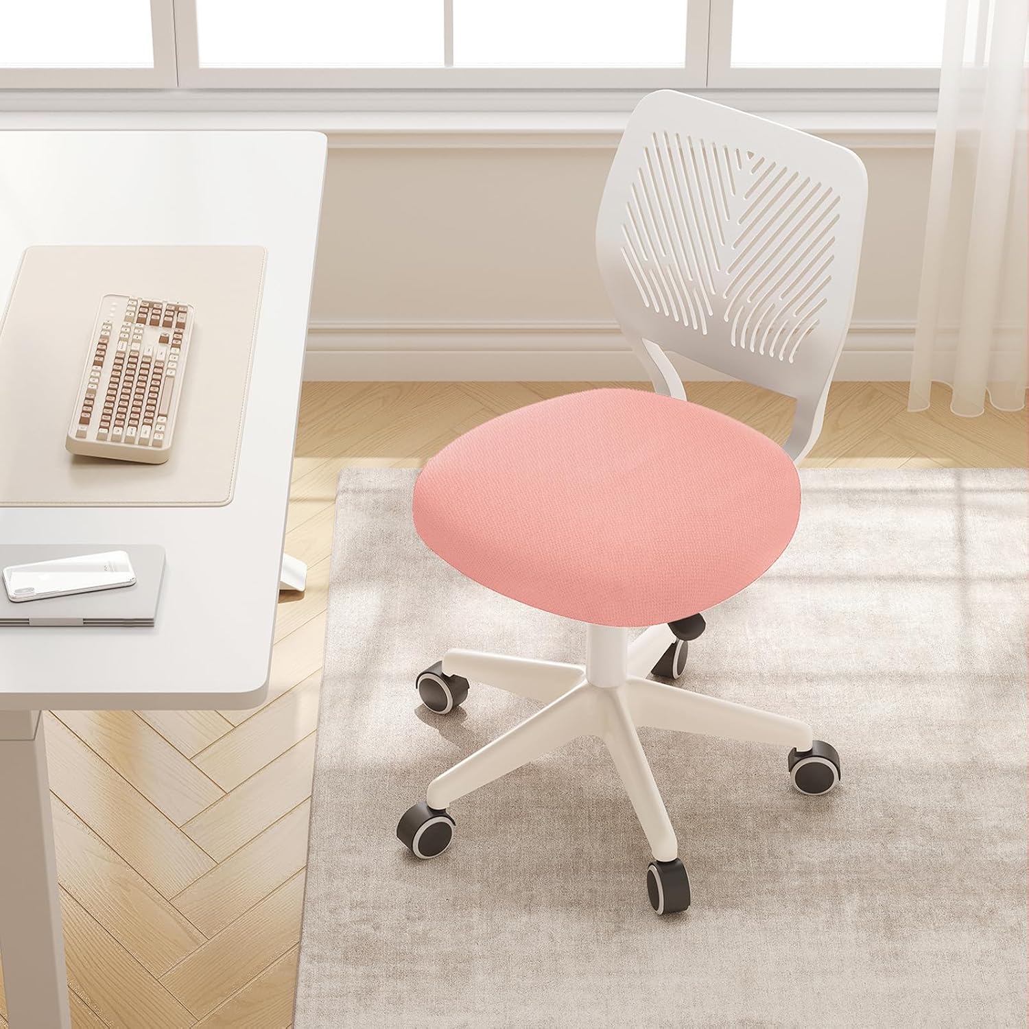 Armless Desk Chair Swivel Office Rolling Chair with Soft Padded Cushion, Height Adjustable Small Task Chair, Ergonomic Study Computer Chair for Kids Girls Boys Teens (Pink, 4PCS)