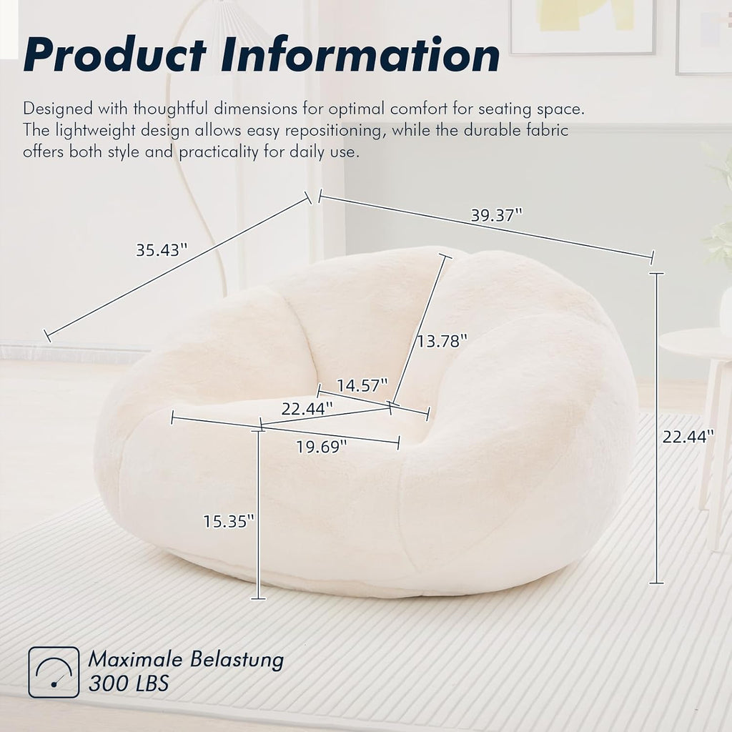 3.28 Feet Bean Bag Chair for Adults, Shell-Shaped Bean Bag Lazy Couch, Faux Fur Cloud Sofa Chair, Lounge Floor Sofa with Filler for Reading, Gaming & Watching, No Assembly Required (Beige)