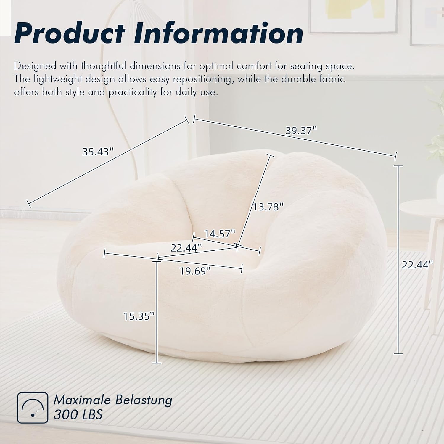 3.28 Feet Bean Bag Chair for Adults, Shell-Shaped Bean Bag Lazy Couch, Faux Fur Cloud Sofa Chair, Lounge Floor Sofa with Filler for Reading, Gaming & Watching, No Assembly Required (Beige)