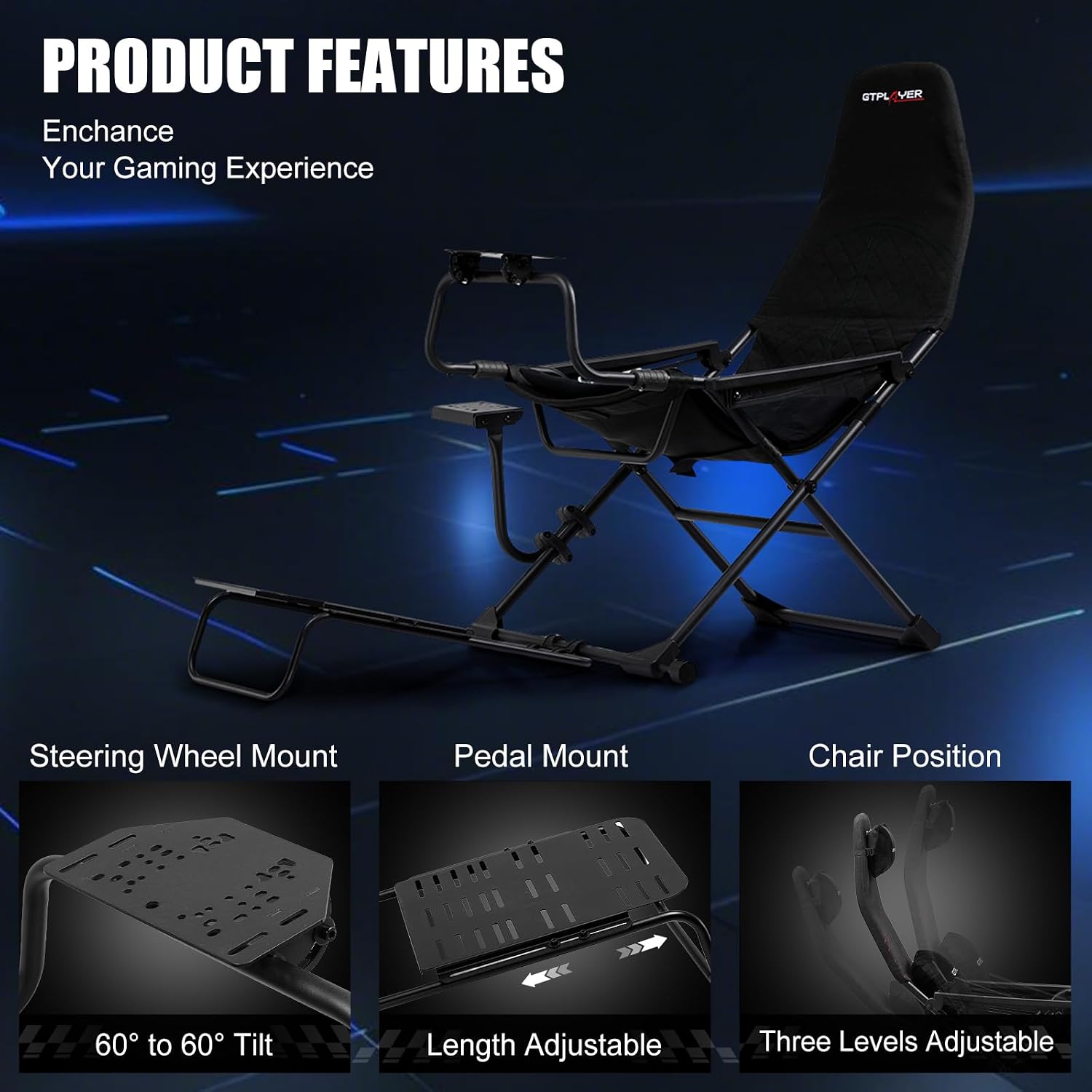 GTPLAYER Sim Racing Cockpit Foldable & Adjustable for High Performance Sim Racing Compact & Flexible Supports All Steering Wheels & Pedals for PC Wheel and Pedals Not Included(Black)