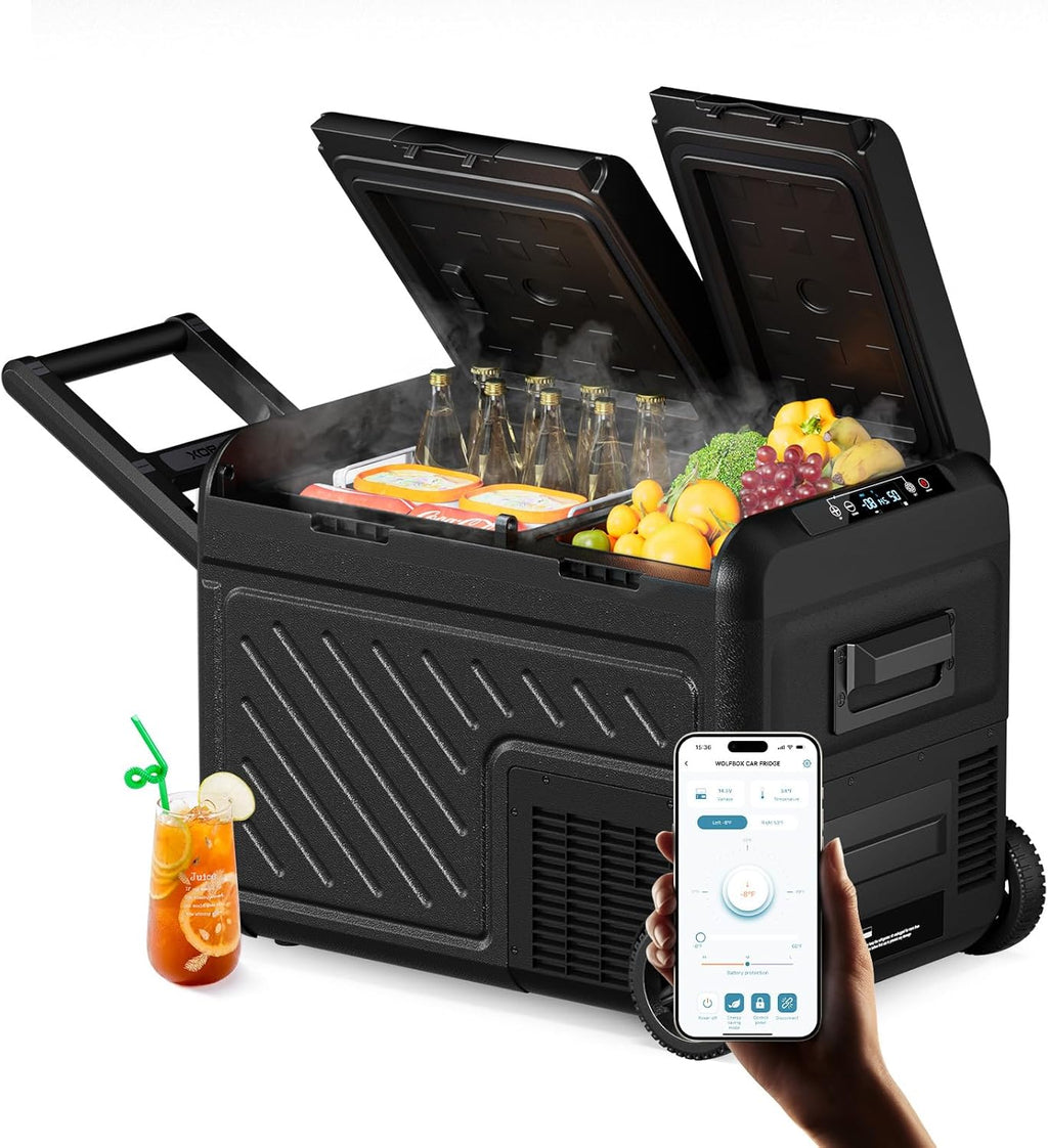 WOLFBOX 12V Car Refrigerator, 39 Quart Dual Zone Car Fridge, Portable Freezer(-8℉~68℉) with 12/24V DC 100/240V AC, APP Control Electric Cooler for Car, RV, Camping, Travel and Home Use