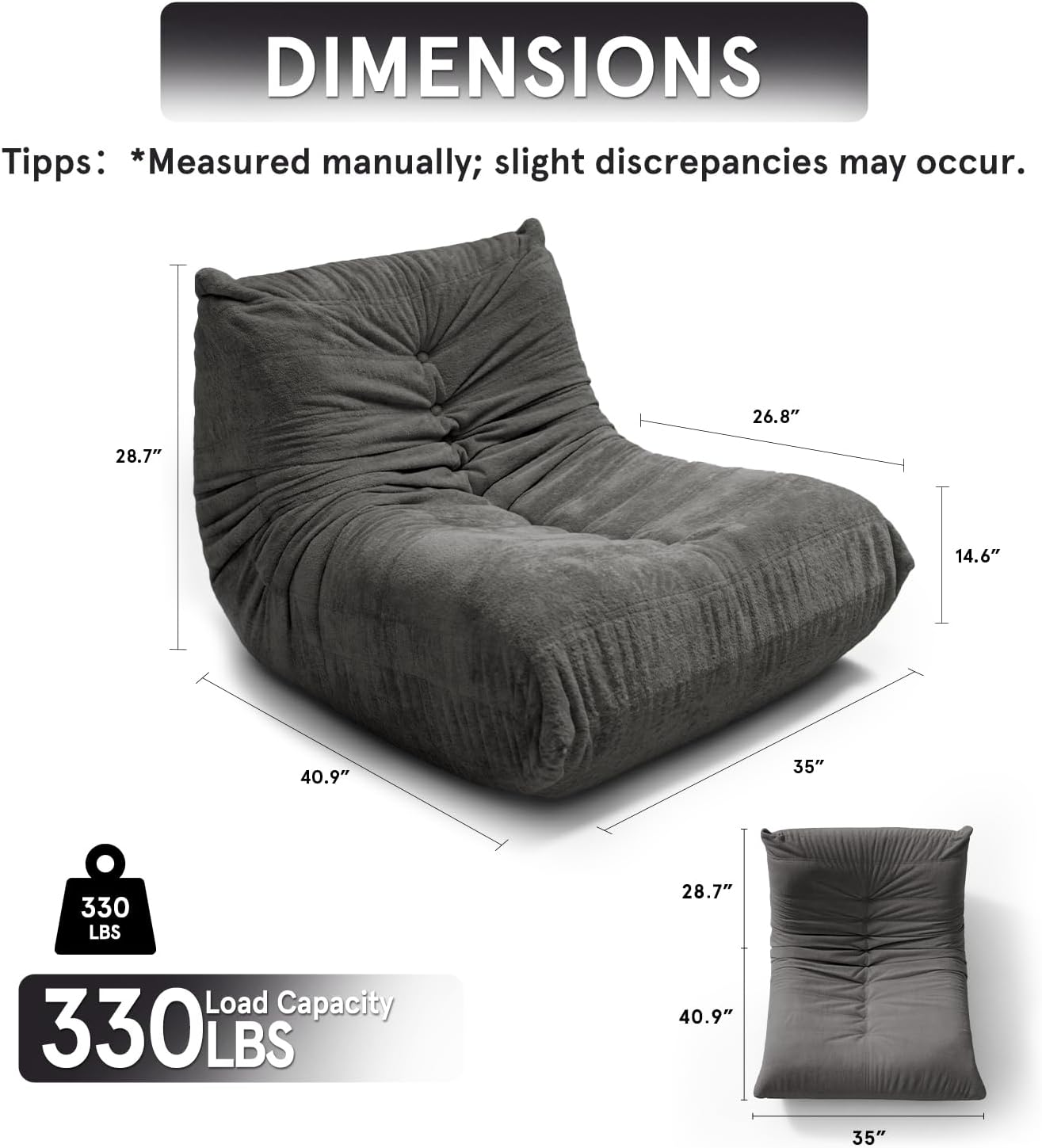 Sytopia Bean Bag Chair, Large Reading Chair for Adults Ultra-Comfy, Corner Sofa 40D Foam, Togo Sofa Furniture for Living Room Bedroom Gaming, Black Onyx