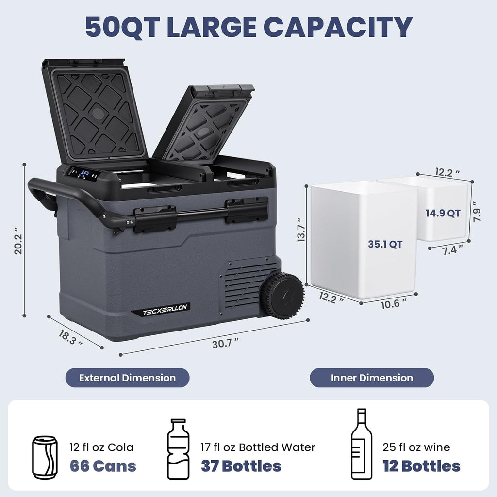 TECXERLLON 12 Volt Car Refrigerator Dual Zone Electric Cooler, 50 Quart Portable Freezer Fridge with APP Control, Compatible with Detachable Battery (Not Included), for Overlanding, Camping, RV, Truck