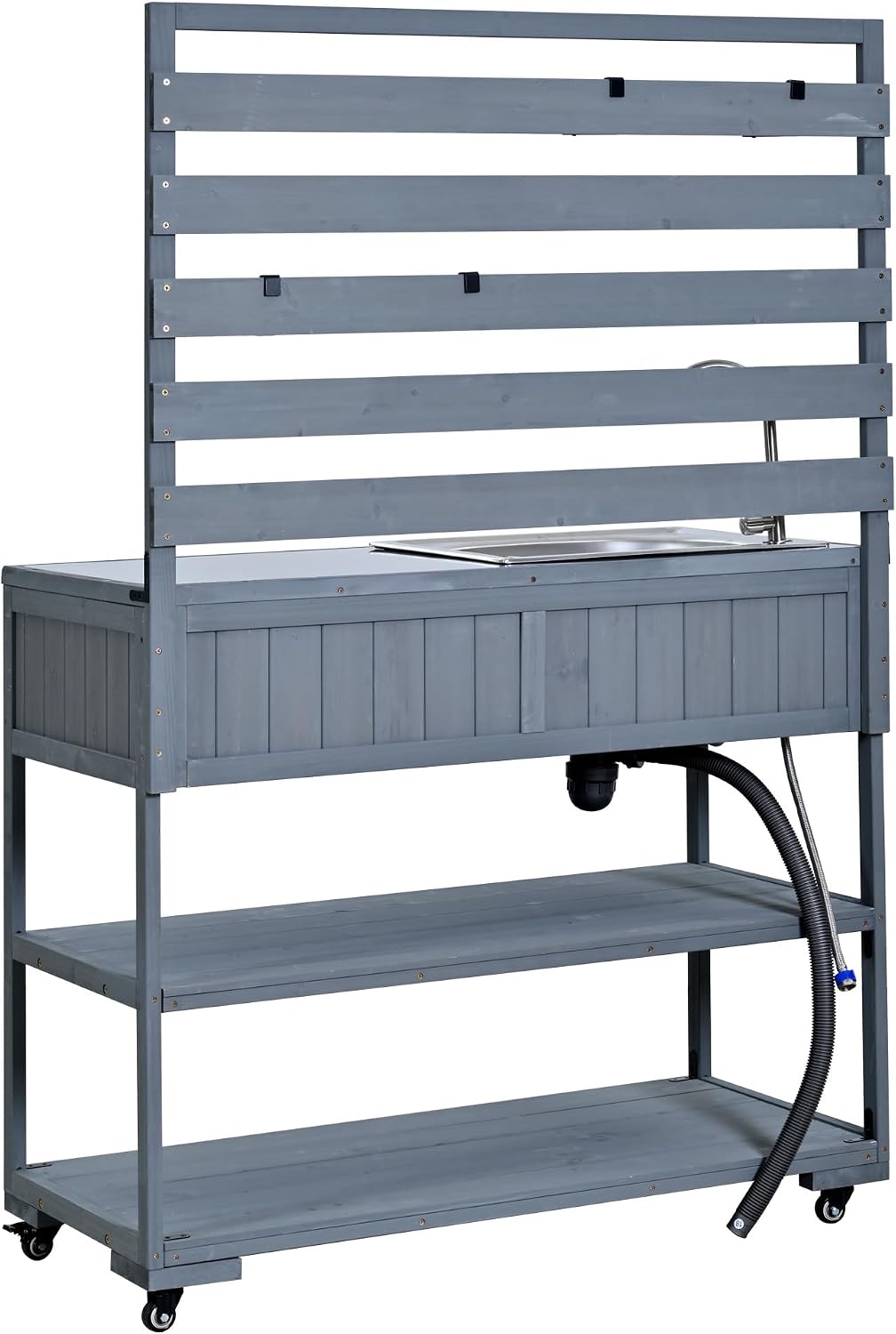 LUMISOL Garden Potting Bench Table with Stainless Table Top, Outdoor Rolling Kitchen Cart with Sink and 2 Movable Shelves, 41.7'' Large Solid Wood Garden Workstation with 1 Bottle Opener, Gray