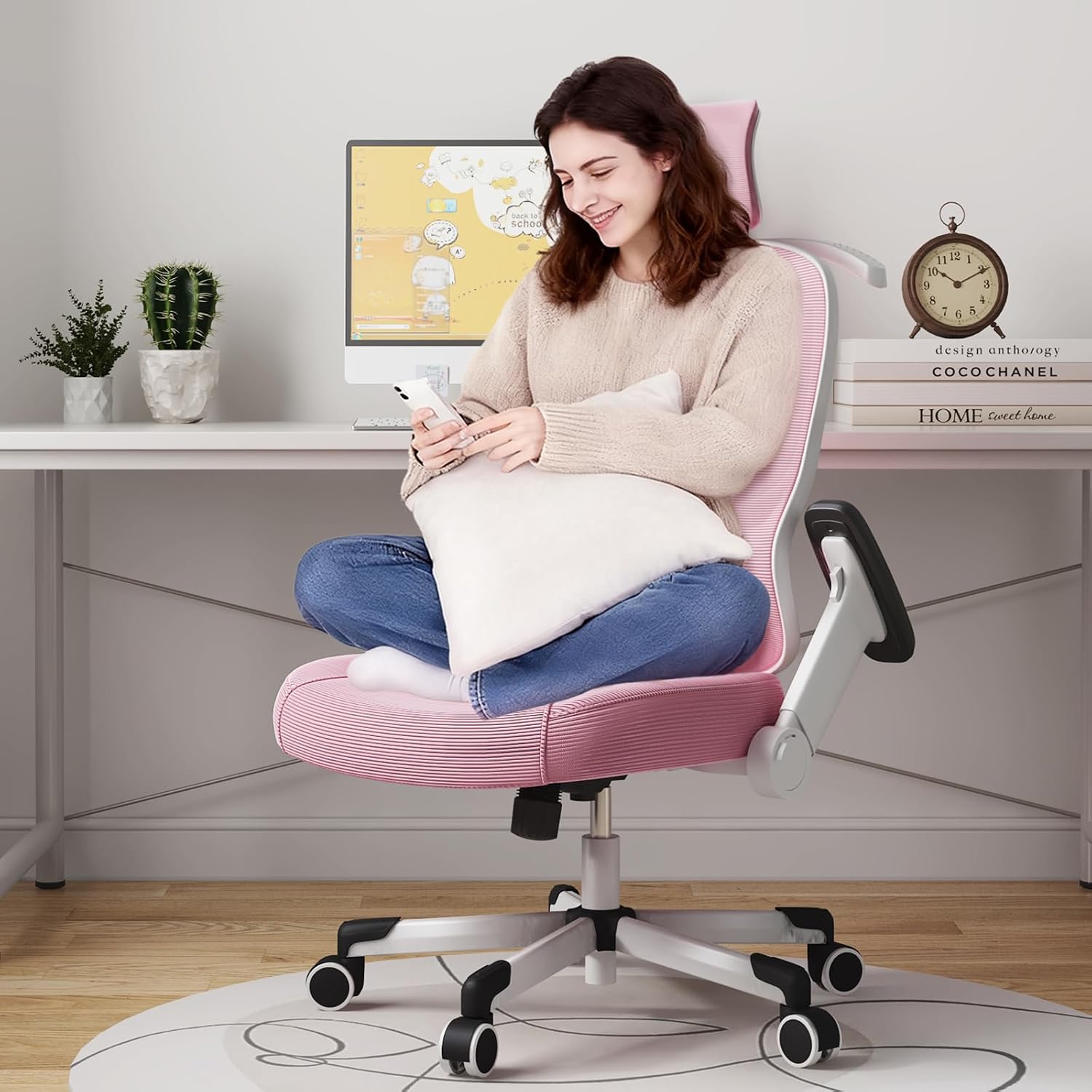 Ergonomic Office Chair Big Tall Reclining Gaming Chair Adjustable Lumbar Support 6D Armrest 6D Headrest Breathable Mesh Swivel Computer Chairs Home Task Desk Chair Wheels Coat Hanger Tilt Lock Pink