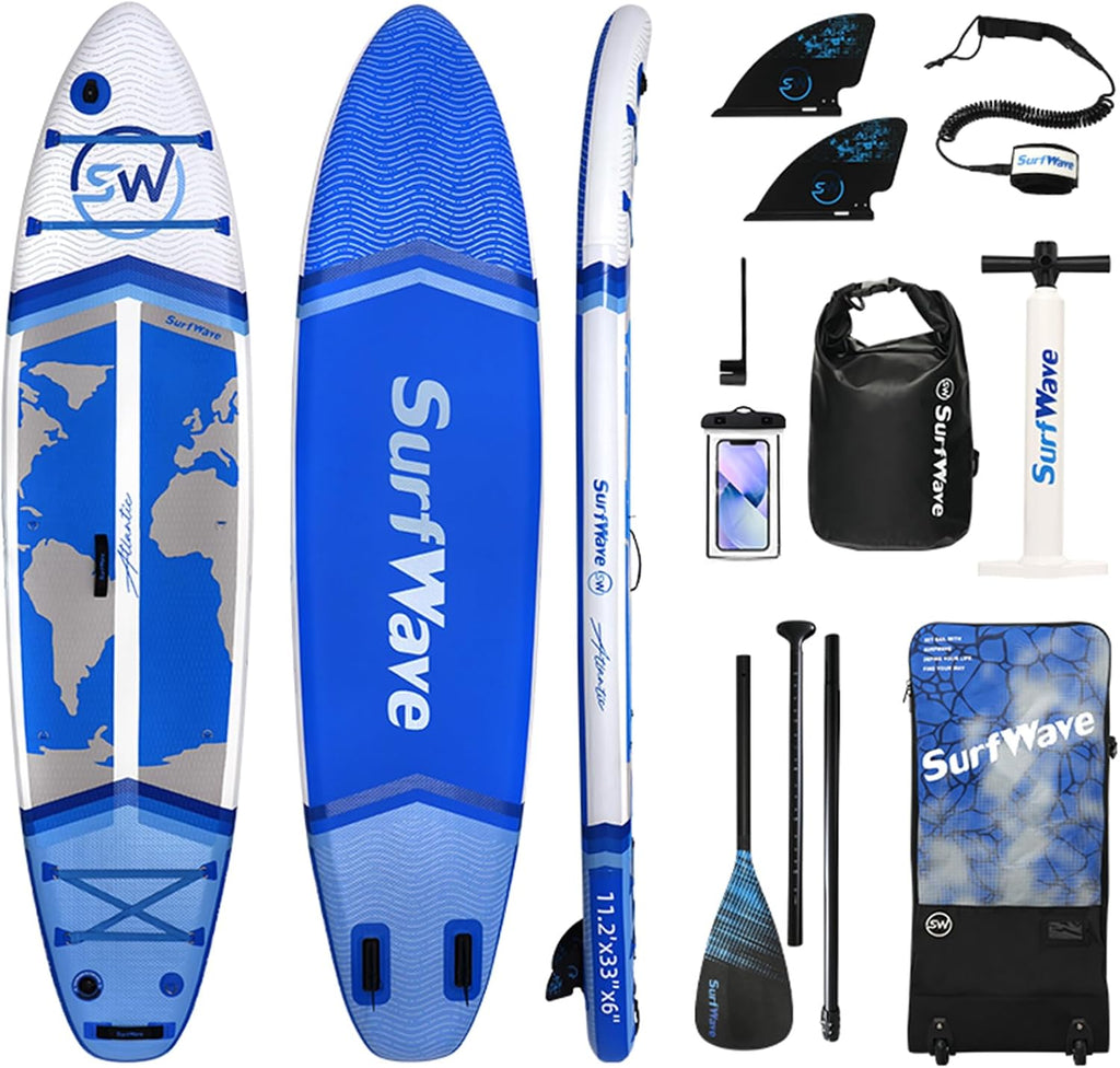 11'/6'×34' Inflatable Stand Up Paddle Board w/Premium SUP Accessories & Backpack, Beginner SUP, Bottom Fin for Paddling, Paddle, Leash, Surf Control, Non-Slip Deck