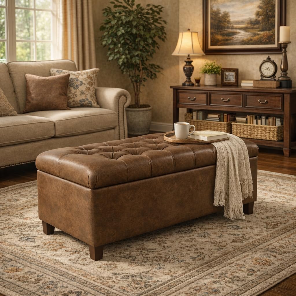Homepop Home Decor | Button Tufted Storage Bench | Ottoman Bench with Storage for Living Room & Bedroom, Distressed Brown Faux Leather