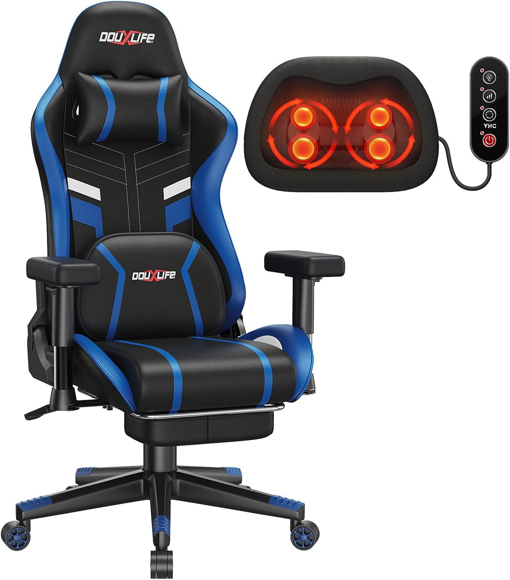 Douxlife 3D Kneading Massage Gaming Chair with Footrest, 400lbs Heavy Duty PC Computer Desk Chair for Adults, Adjustable 2D Armrests, Ergonomic 175° Recline & Optional Heat, Black&Blue