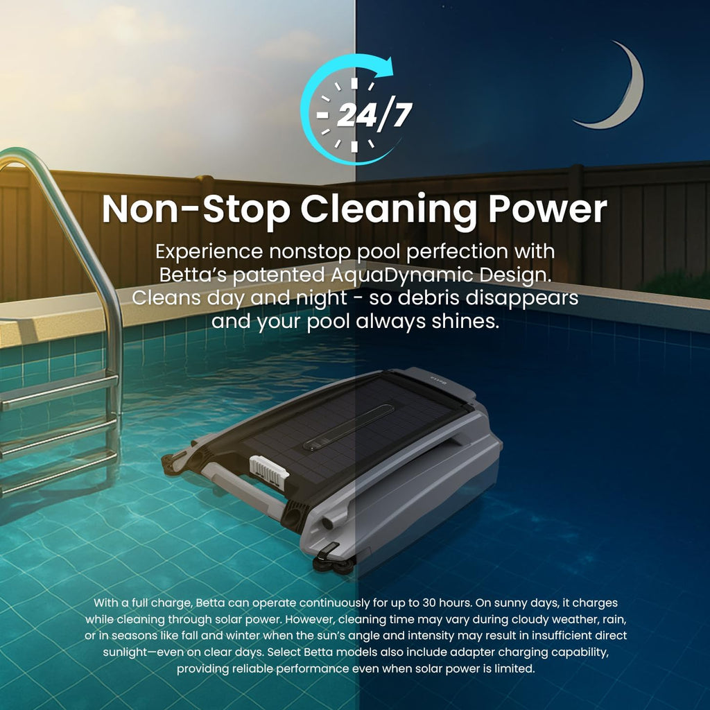 Betta SE Plus Solar Powered Robotic Pool Skimmer with Carrying and Storage Bag, 24/7 Continuous Cleaning Battery Power, Dual Charging Options, and Anti-Stuck Foam Noodle