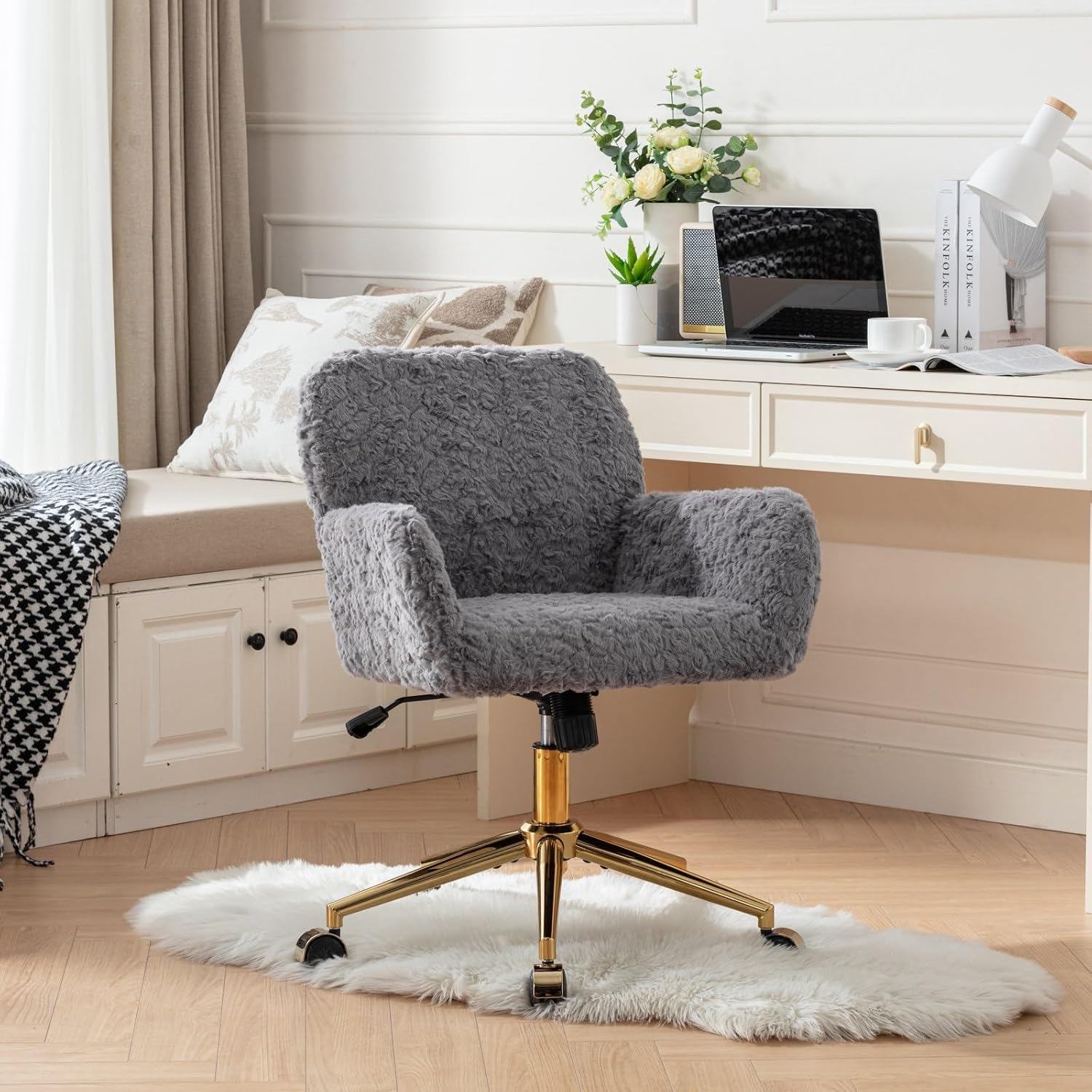 Faux Fur Makeup Vanity Chair, Comfy Fuzzy Home Office Desk Chair with Wheels & Gold Base, Upholstered Adjustable Swivel Office Chair for Teens Girls Women Home Office, Grey