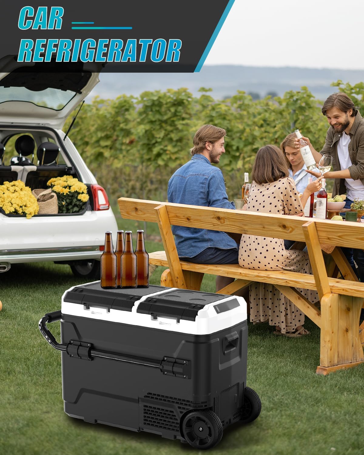 Electric Cooler with Battery 12V 52 Quart(50L) Car Refrigerator Dual Zone Dual Door Freezer Fridge with Wheels 12/24V DC & 100-240V AC Portable Fridge for Camping Truck Boat RV Camper SUV Travel