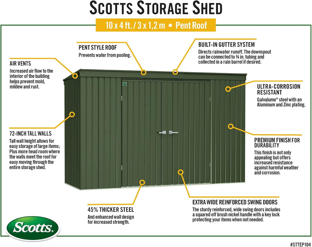 Scotts 10' x 4' Garden Storage Shed Outdoor Lockable Water-Resistant Steel Building with Tool Hanger and Pent Roof, Green