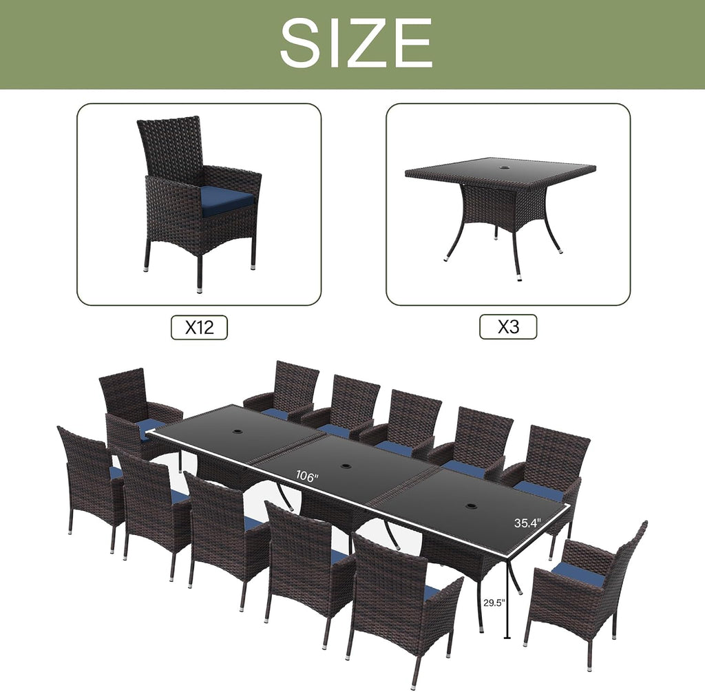 Kurapika 15-Piece Patio Furniture Outdoor Dining Set, Wicker Rattan Patio Dining Table and Chairs Set, Square Tempered Glass Tabletop with Umbrella Hole and 12 Chair Set, Navy Blue