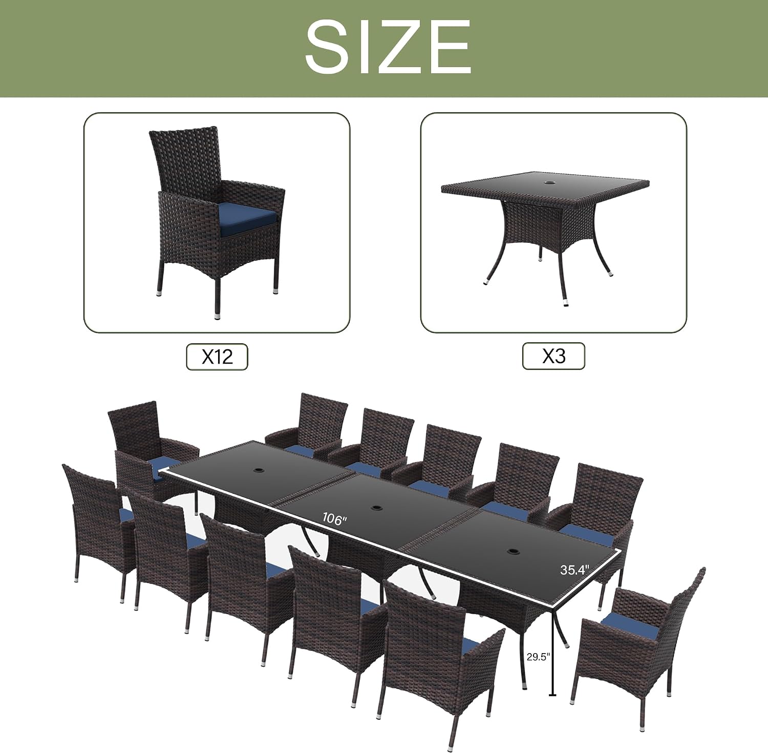 Kurapika 15-Piece Patio Furniture Outdoor Dining Set, Wicker Rattan Patio Dining Table and Chairs Set, Square Tempered Glass Tabletop with Umbrella Hole and 12 Chair Set, Navy Blue