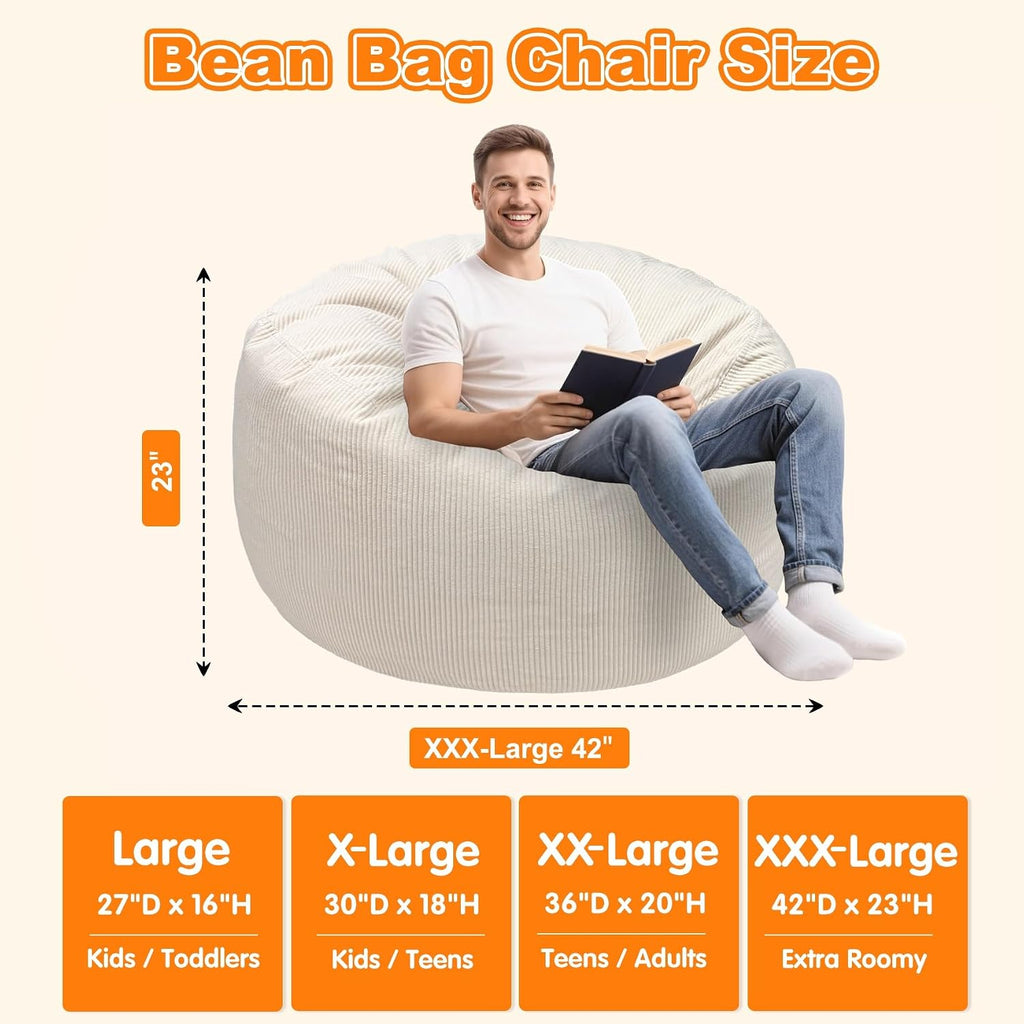 Lukeight Bean Bag Chair for Teens and Adults, Memory Foam Filled Floor Lounger, Washable Velvet Cover with Inner Liner, Beanbag Chair with Filling for Gaming and Reading, Beige, XXX-Large 42'D x 23'H