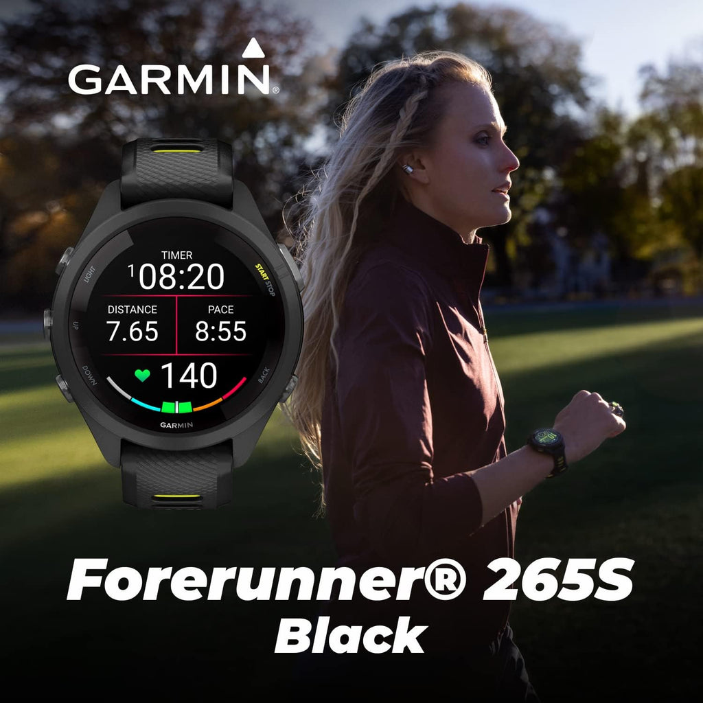 Garmin Forerunner 265S Music GPS Running 42 mm Smartwatch, Black with AMOLED 1.1in Touchscreen Display Black Earbuds Bundle, Black +Blk EarBuds