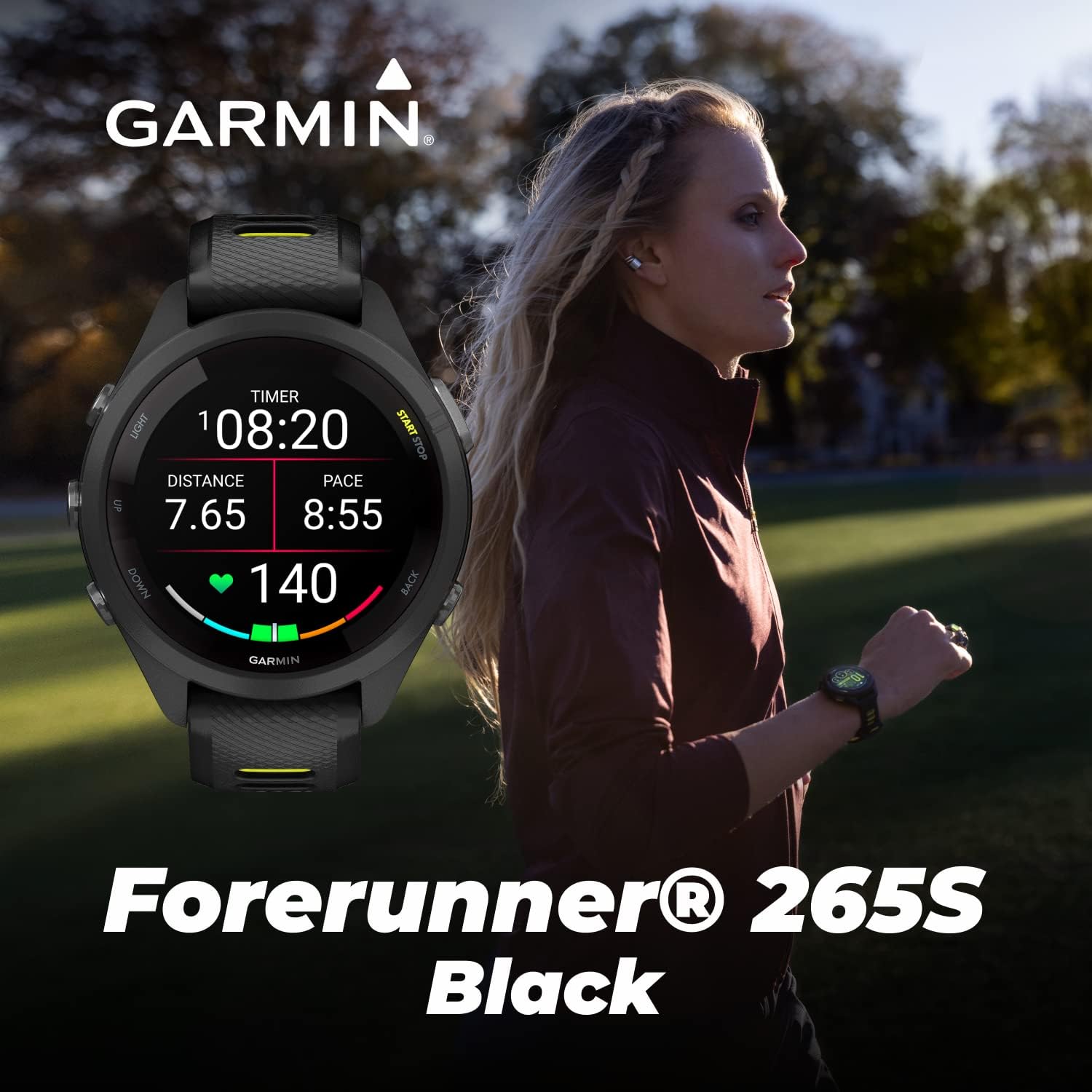Garmin Forerunner 265S Music GPS Running 42 mm Smartwatch, Black with AMOLED 1.1in Touchscreen Display Black Earbuds Bundle, Black +Blk EarBuds