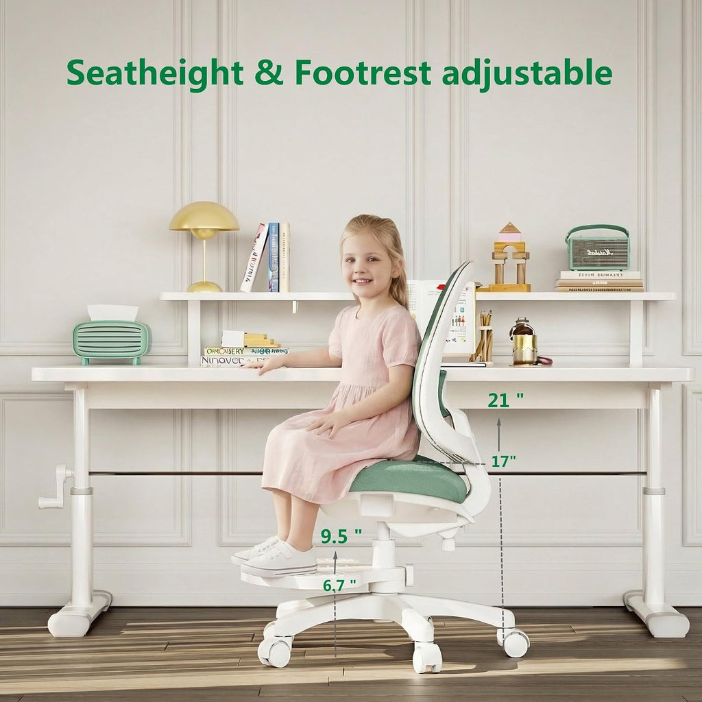 Desk Chair, Ergonomic Study Chair for Kids with Lumbar Support and Footrest, Adjustable Height, Mesh Student Chair with Adjustable backrest, Model Shell (Mint)