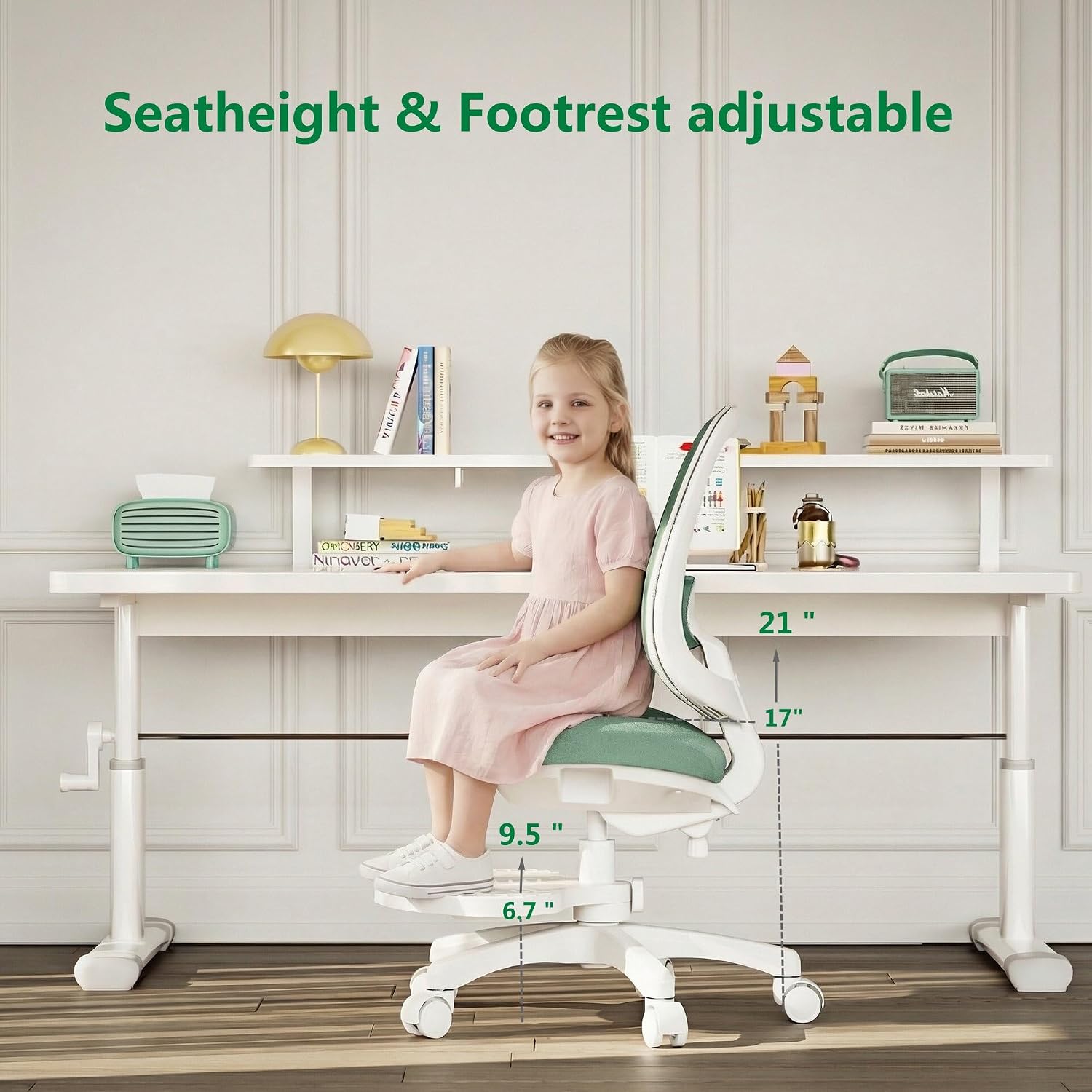 Desk Chair, Ergonomic Study Chair for Kids with Lumbar Support and Footrest, Adjustable Height, Mesh Student Chair with Adjustable backrest, Model Shell (Mint)
