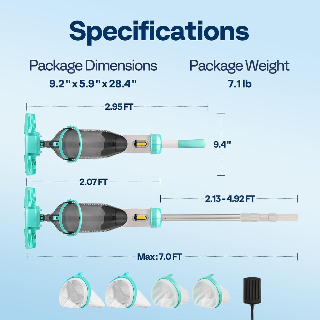 VIVOHOME Cordless Pool Vacuum with Telescopic Pole, Powerful Suction up to 18.5 GPM, 60 Mins Running Time, Handheld Rechargeable Swimming Pool Cleaner for Pools/Spas/Hot Tubs - Green
