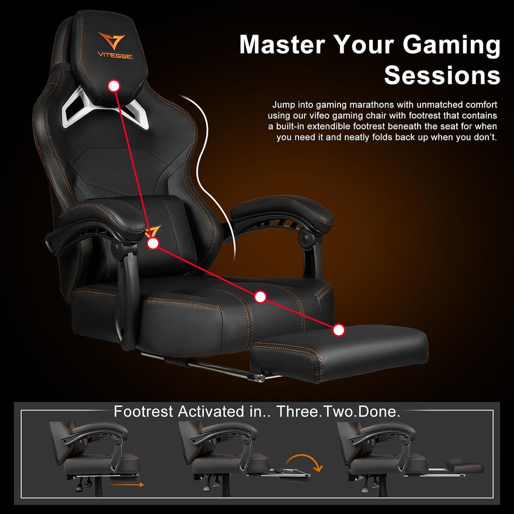 VITESSE Big and Tall Gaming Chair with Footrest,Ergonomic Video Gaming Chair with Oversized Headrest and Lumbar Support for Adults 400lb Weight Capacity,Computer Chair for Office or Gaming (Orange)